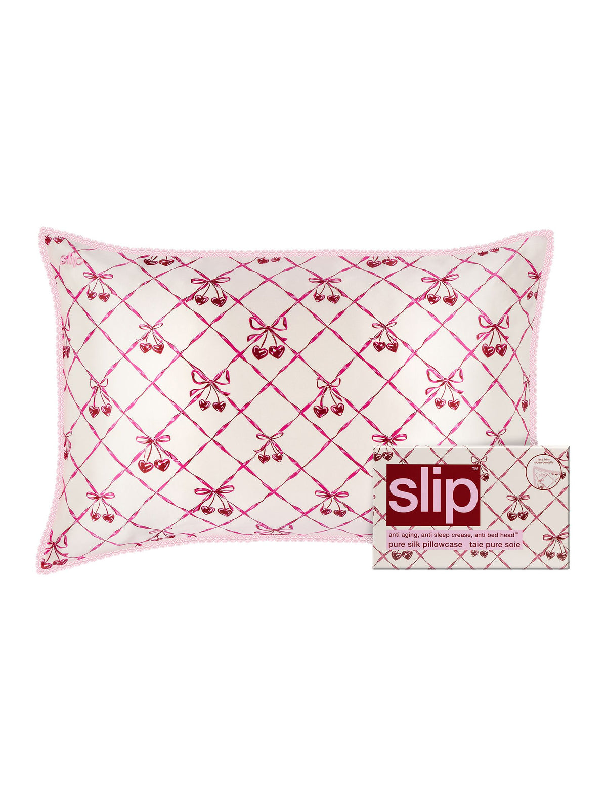 Slip pure silk queen pillowcase with lace trim (British brand)