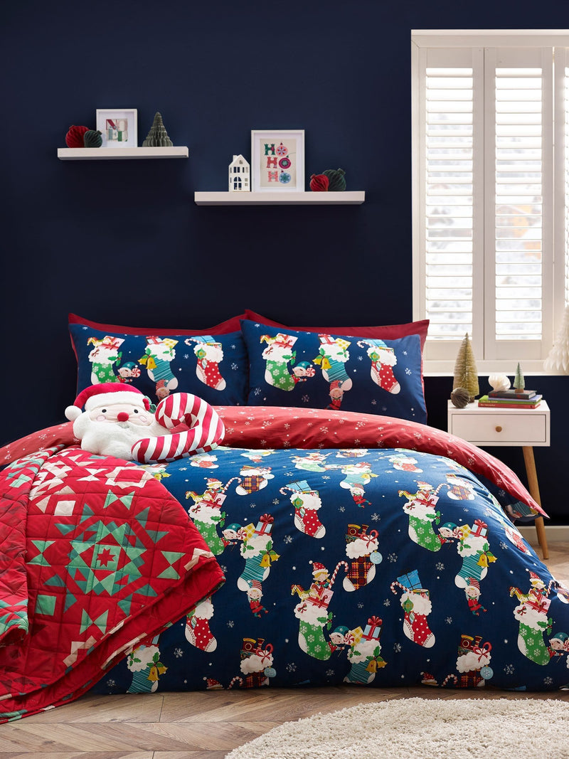 Catherine Lansfield Navy Christmas Elves duvet cover set - British product