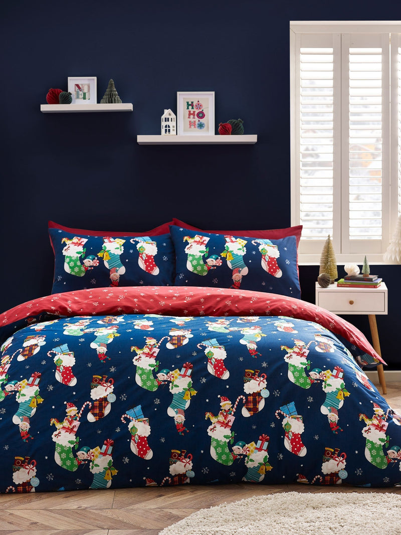 Catherine Lansfield Navy Christmas Elves duvet cover set - British product