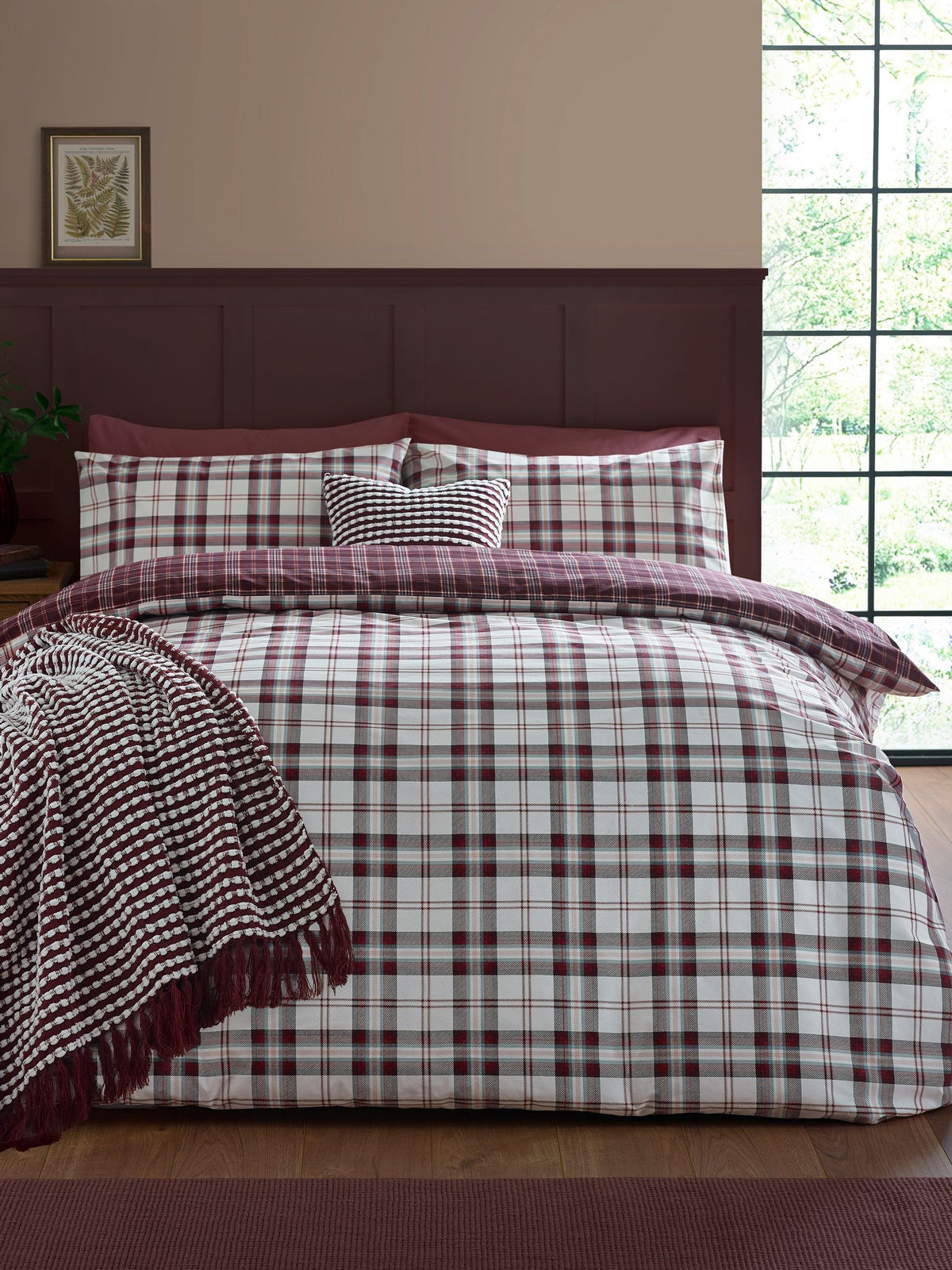 Catherine Lansfield Plum Kelso Check duvet cover and pillowcase set - British product