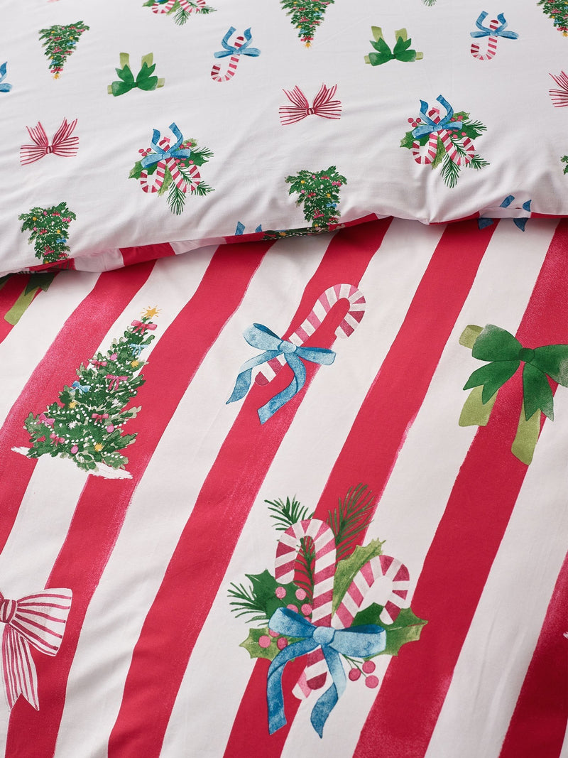 Catherine Lansfield Red Christmas Stripe Reversible Duvet Cover Set - British product