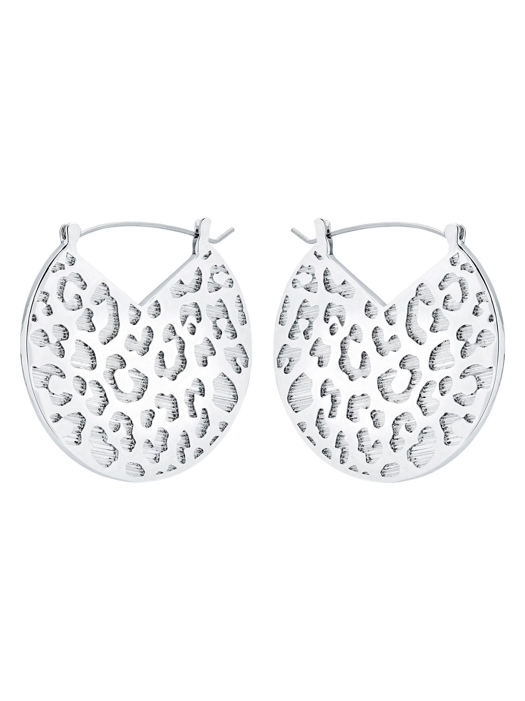 Karen Millen silver tone leopard print disc earrings, imported from the UK
