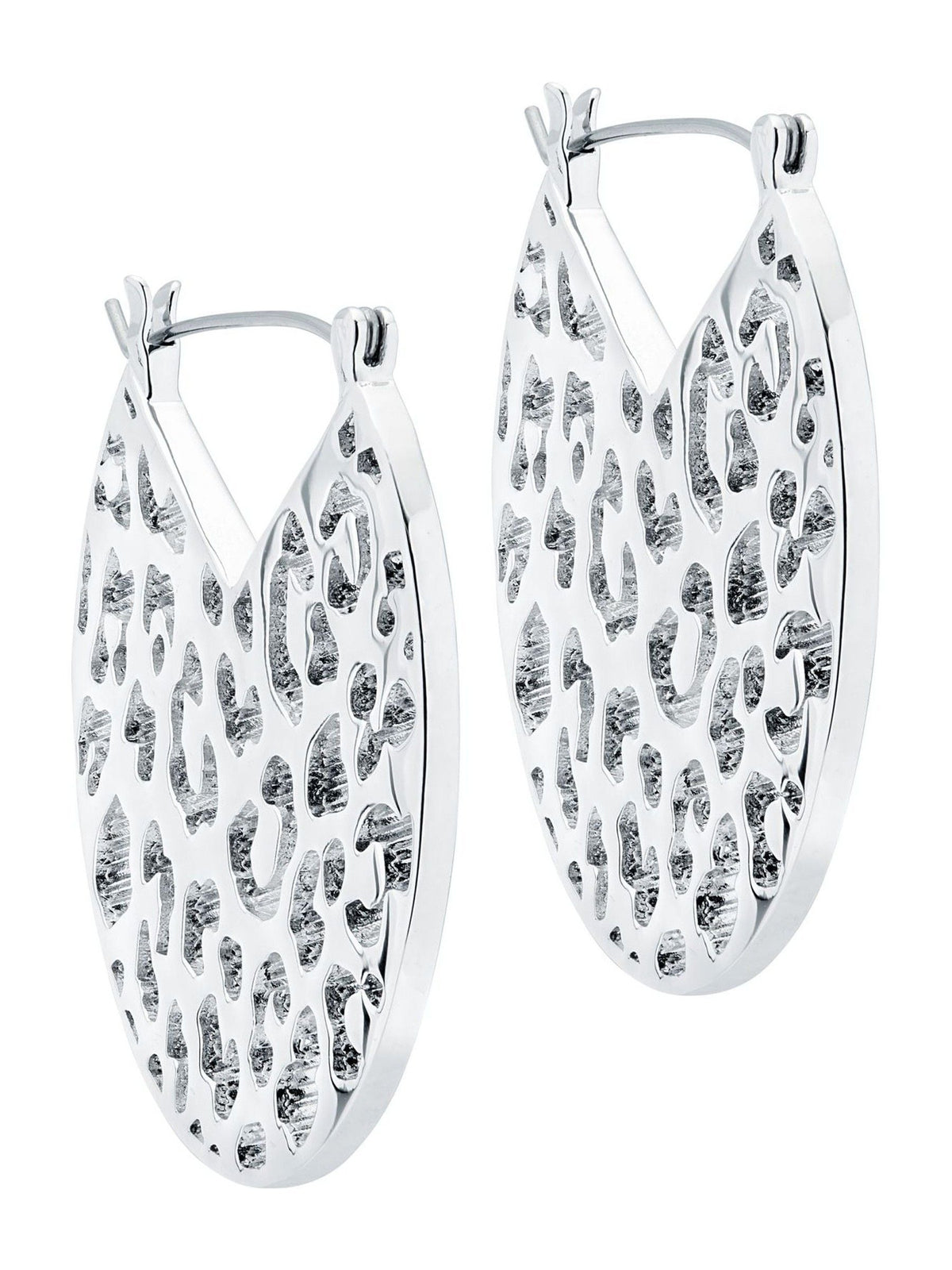 Karen Millen silver tone leopard print disc earrings, imported from the UK