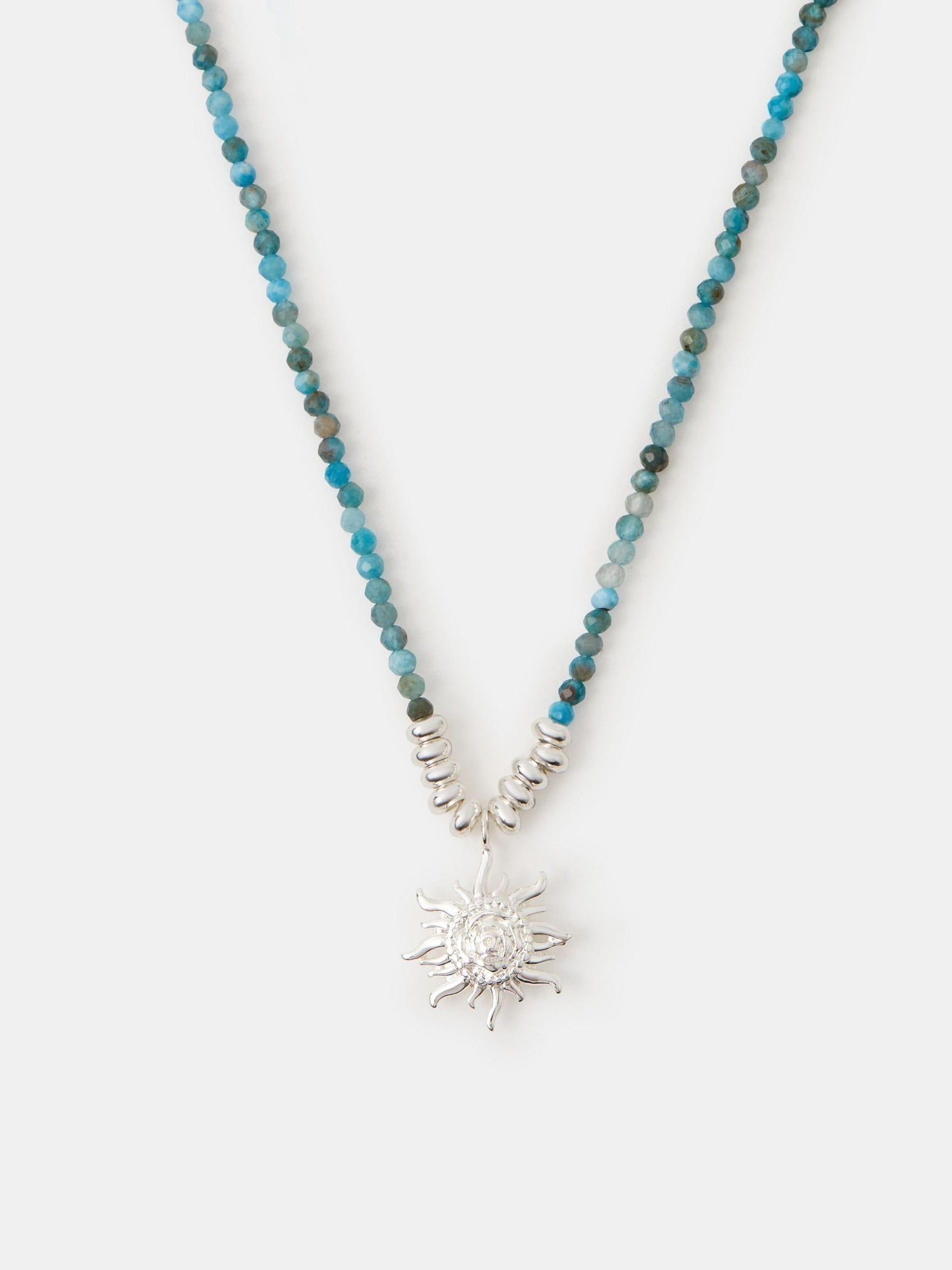 Silver Sterling Plated Bead Sun Pendant Necklace with Apatite Beads