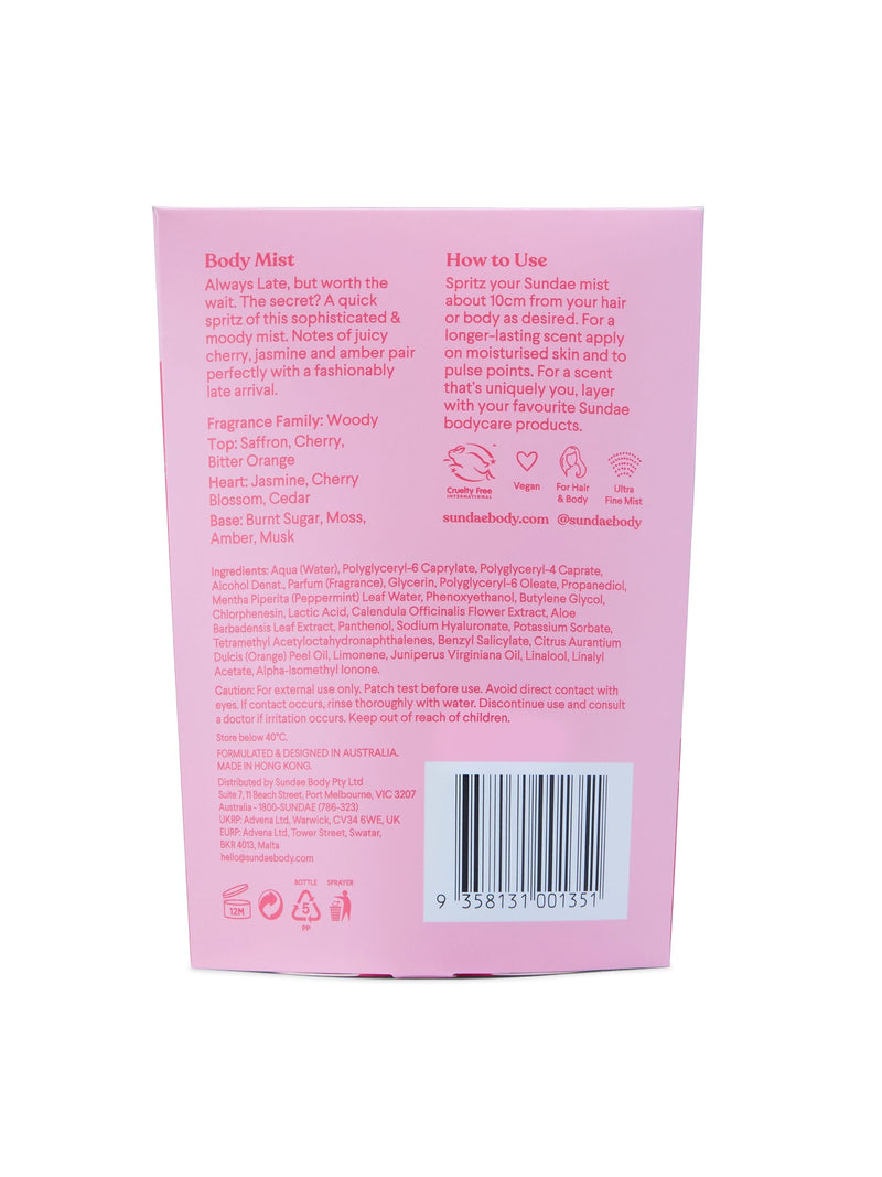 Sundae Pink Always Late hair and body mist 90ml (British brand)