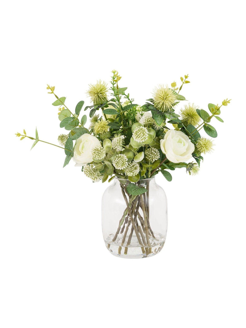 Gallery Home green natural rose and eucalyptus floral arrangement in glass vase, UK version