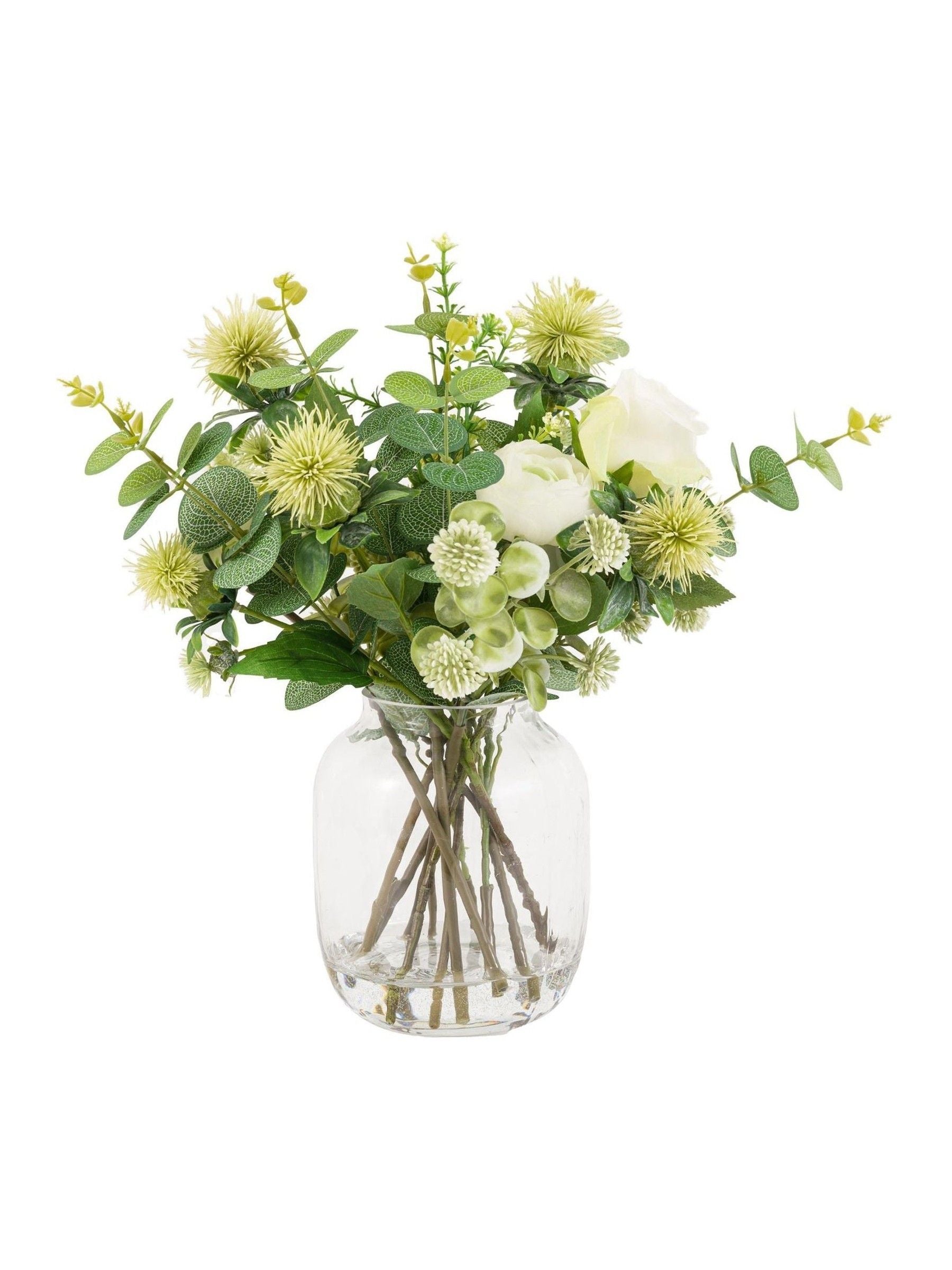 Gallery Home green natural rose and eucalyptus floral arrangement in glass vase, UK version