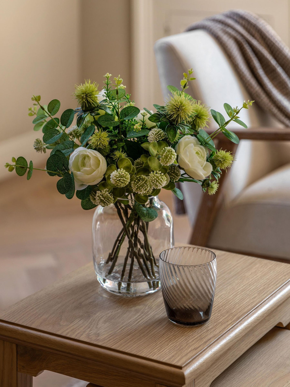 Gallery Home green natural rose and eucalyptus floral arrangement in glass vase, UK version