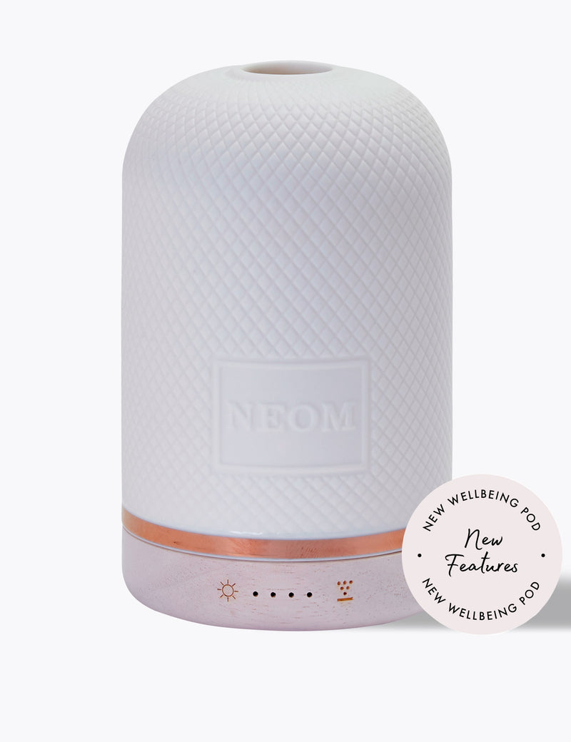NEOM Wellbeing Pod aromatherapy diffuser with ceramic cover and wood base (British brand)