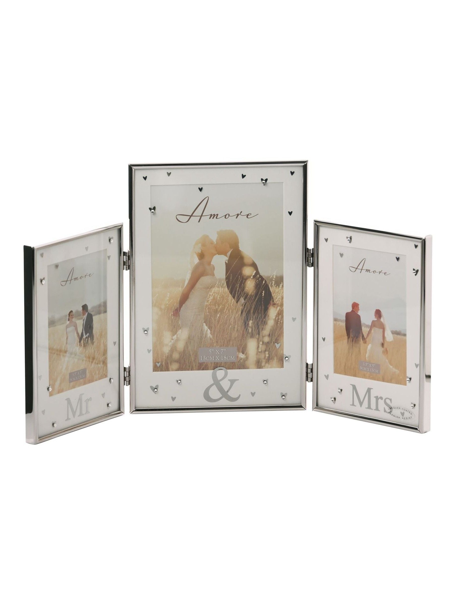 Amore by Juliana silver triple photo frame with Mr & Mrs design, 22cm x 40cm x 1cm (British brand)