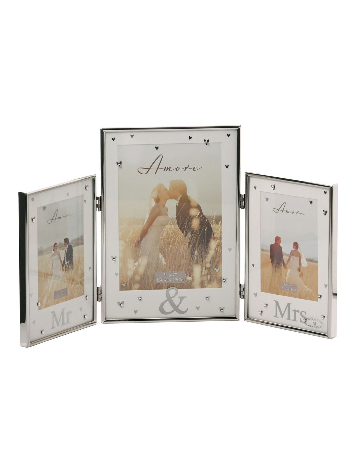 Amore by Juliana silver triple photo frame with Mr & Mrs design, 22cm x 40cm x 1cm (British brand)