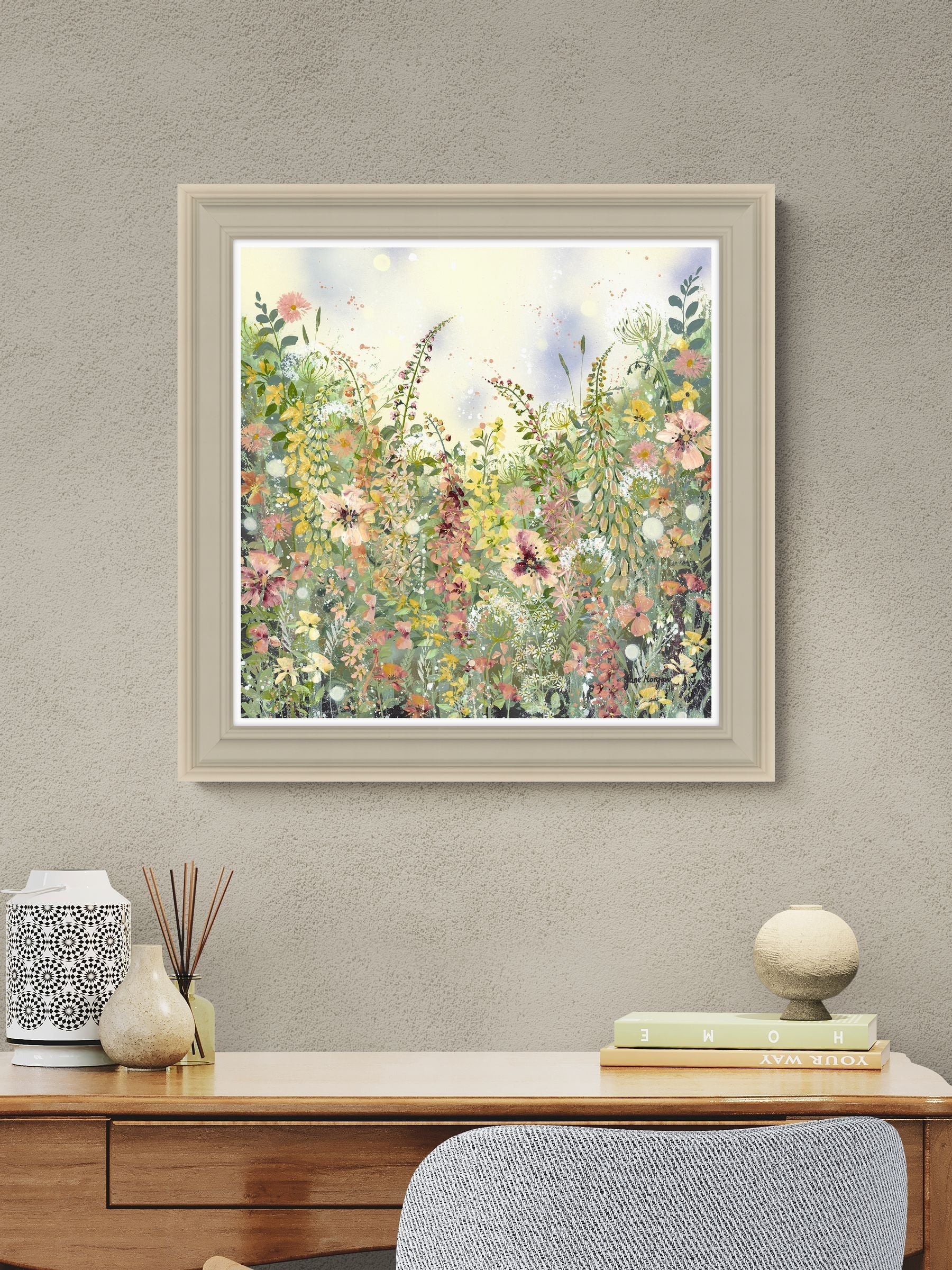 Artko taupe floral print framed art 59cm x 59cm - British product