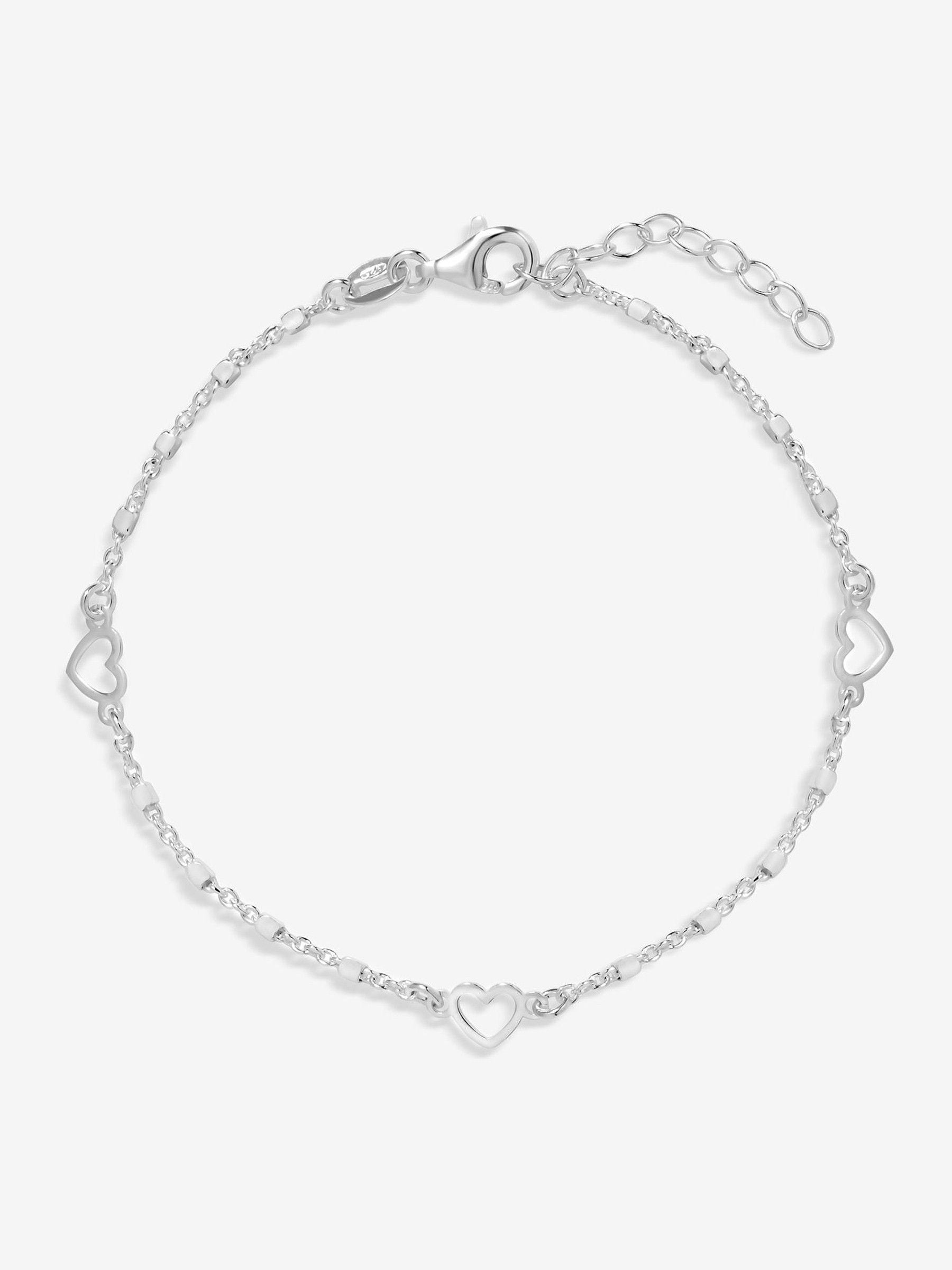 Polished Heart Station Bracelet in Sterling Silver 925, 18 Inch Chain with Lobster Clasp