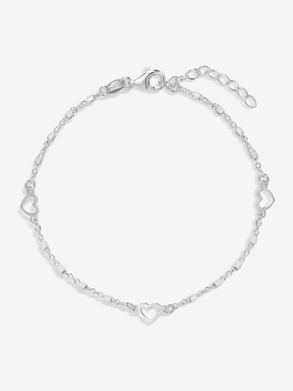 Polished Heart Station Bracelet in Sterling Silver 925, 18 Inch Chain with Lobster Clasp