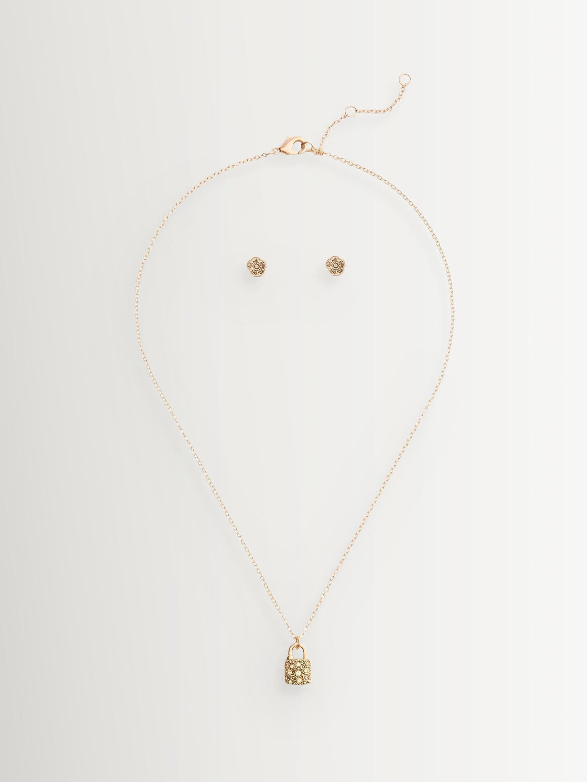 Pavé Padlock Necklace and Tea Rose Stud Earrings Jewelry Set in Gold Tone