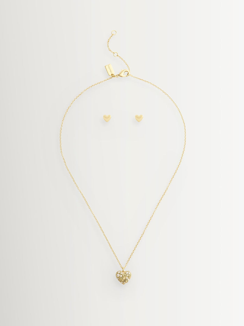 COACH Gold Tone Signature C Pavé Heart Boxed Jewelry Set