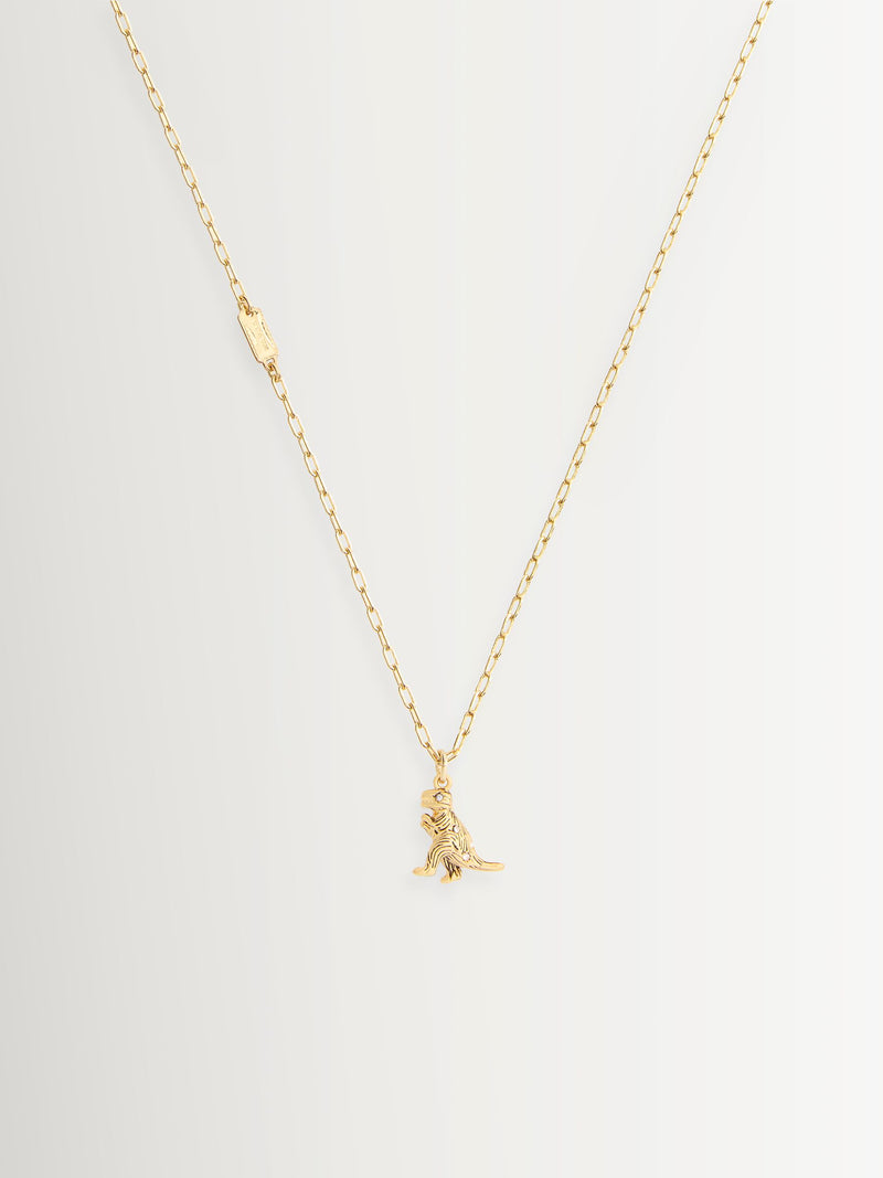 Adjustable Brass Chain Necklace with Glass Crystal Dinosaur Pendant
