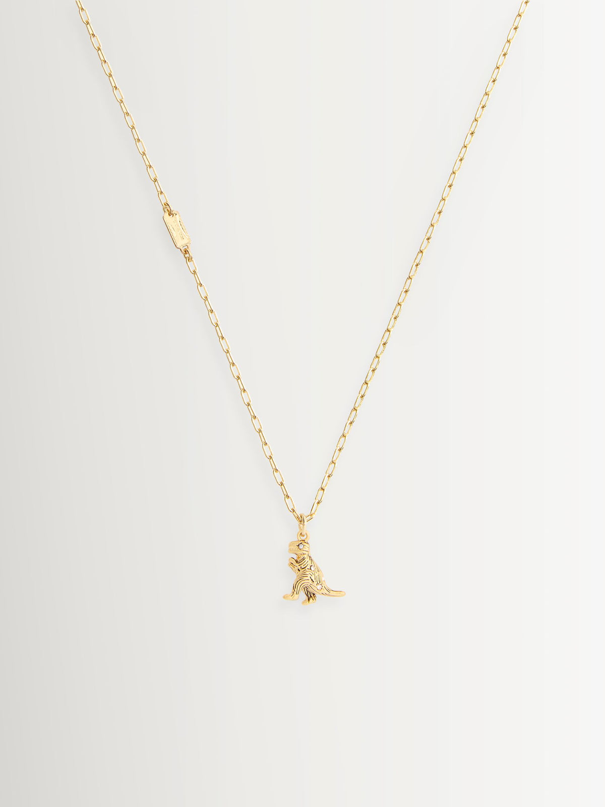 Adjustable Brass Chain Necklace with Glass Crystal Dinosaur Pendant