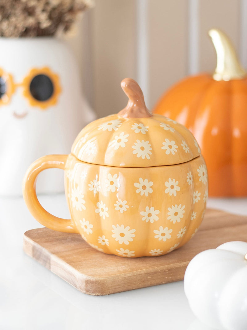 Something Different orange groovy floral print pumpkin lidded ceramic mug 500ml (British brand)