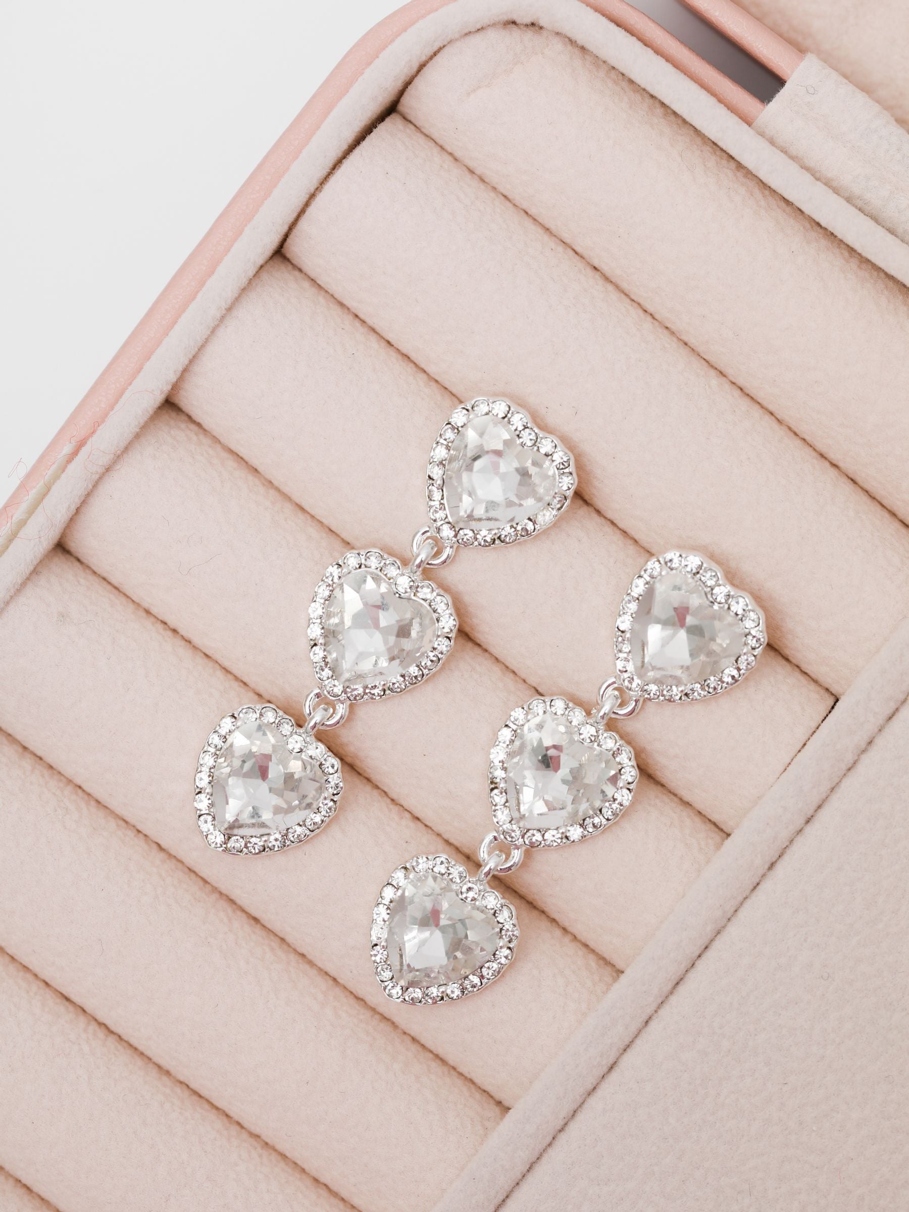 Silver-Tone Crystal Heart Triple Drop Statement Earrings with Post Back, 49mm Length