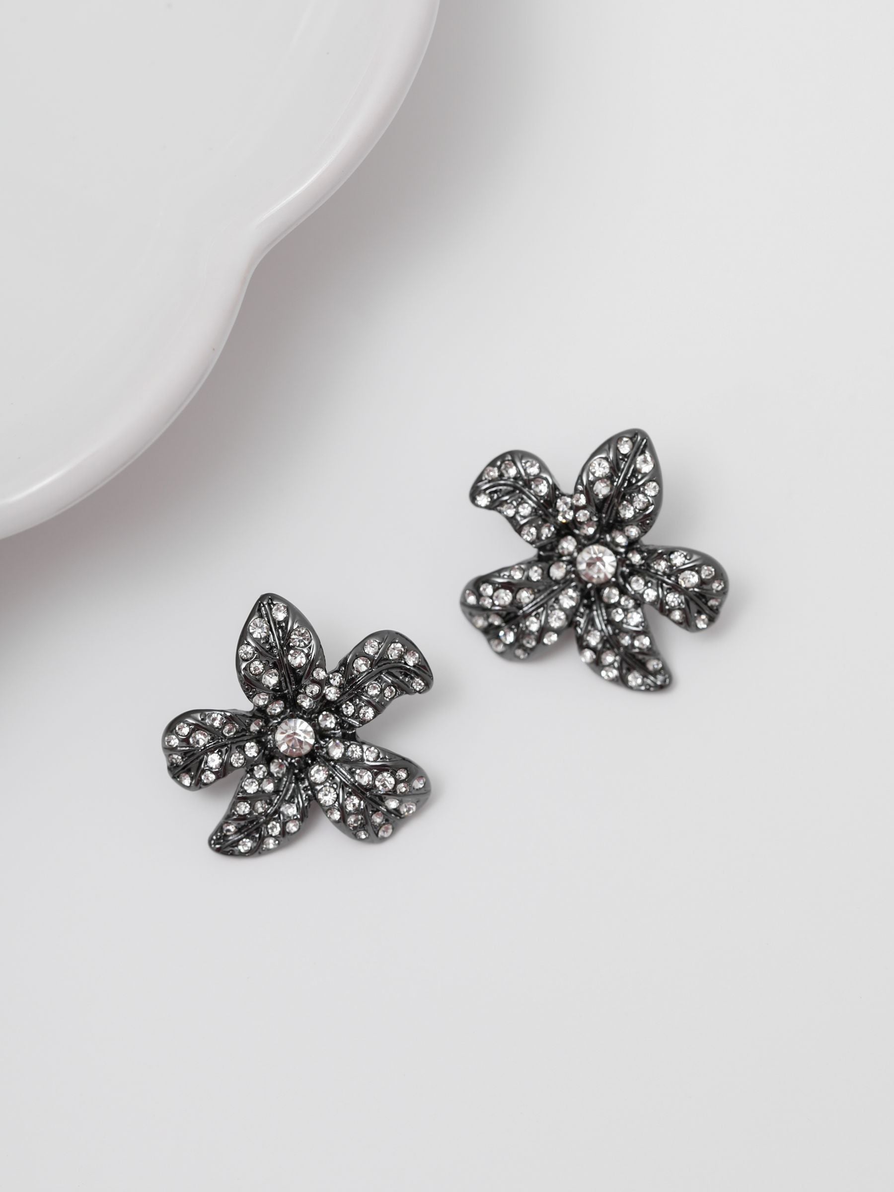Hematite Crystal Floral Statement Stud Earrings 25mm x 24mm