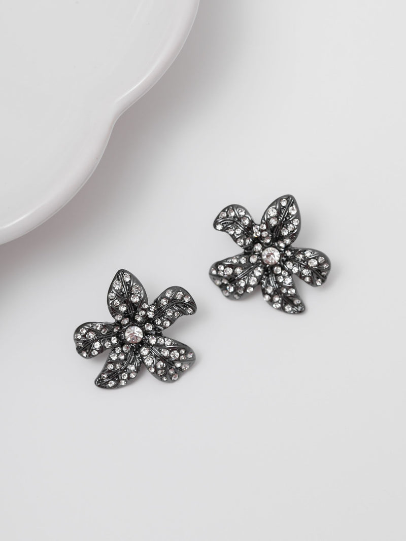 Hematite Crystal Floral Statement Stud Earrings 25mm x 24mm