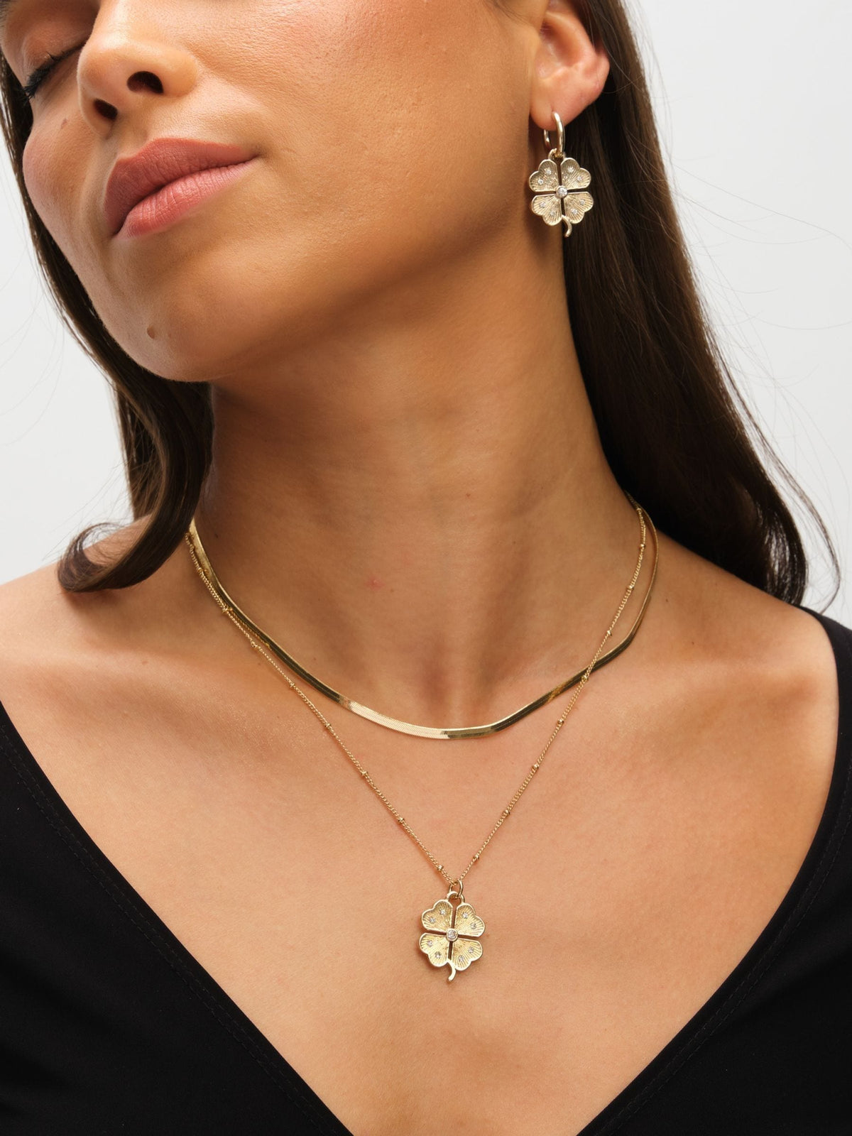 Mood Gold Tone Polished Crystal Clover Double Row Pendant