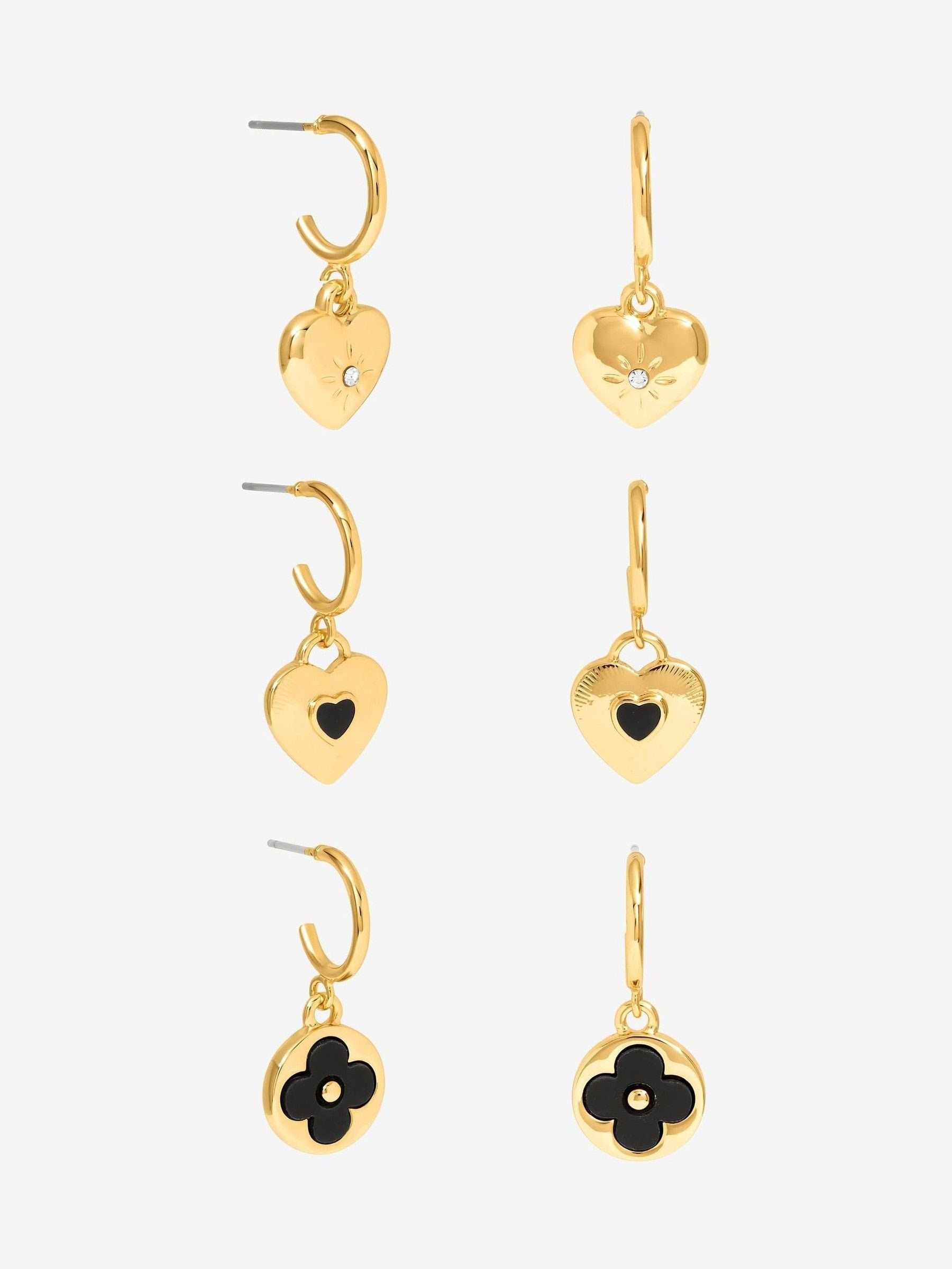 Gold Plated Huggie Charm Earrings with Jet Heart and Clover Design, Pack of 3