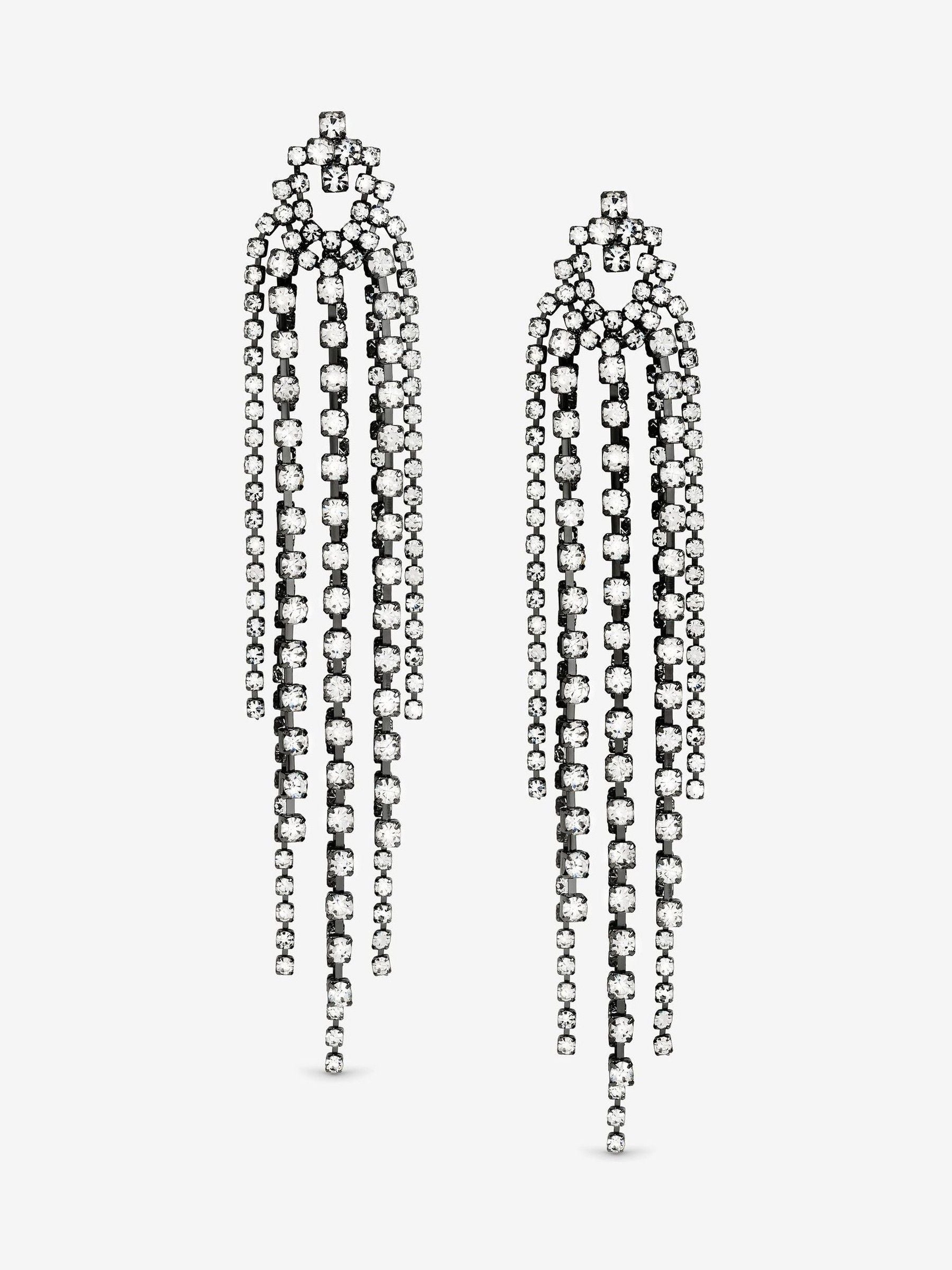 Hematite Crystal Multi-Strand Long Drop Earrings with Post Fastening 110mm