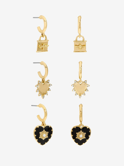 Gold Tone Locket and Jet Heart Huggie Charm Earrings Set of 3