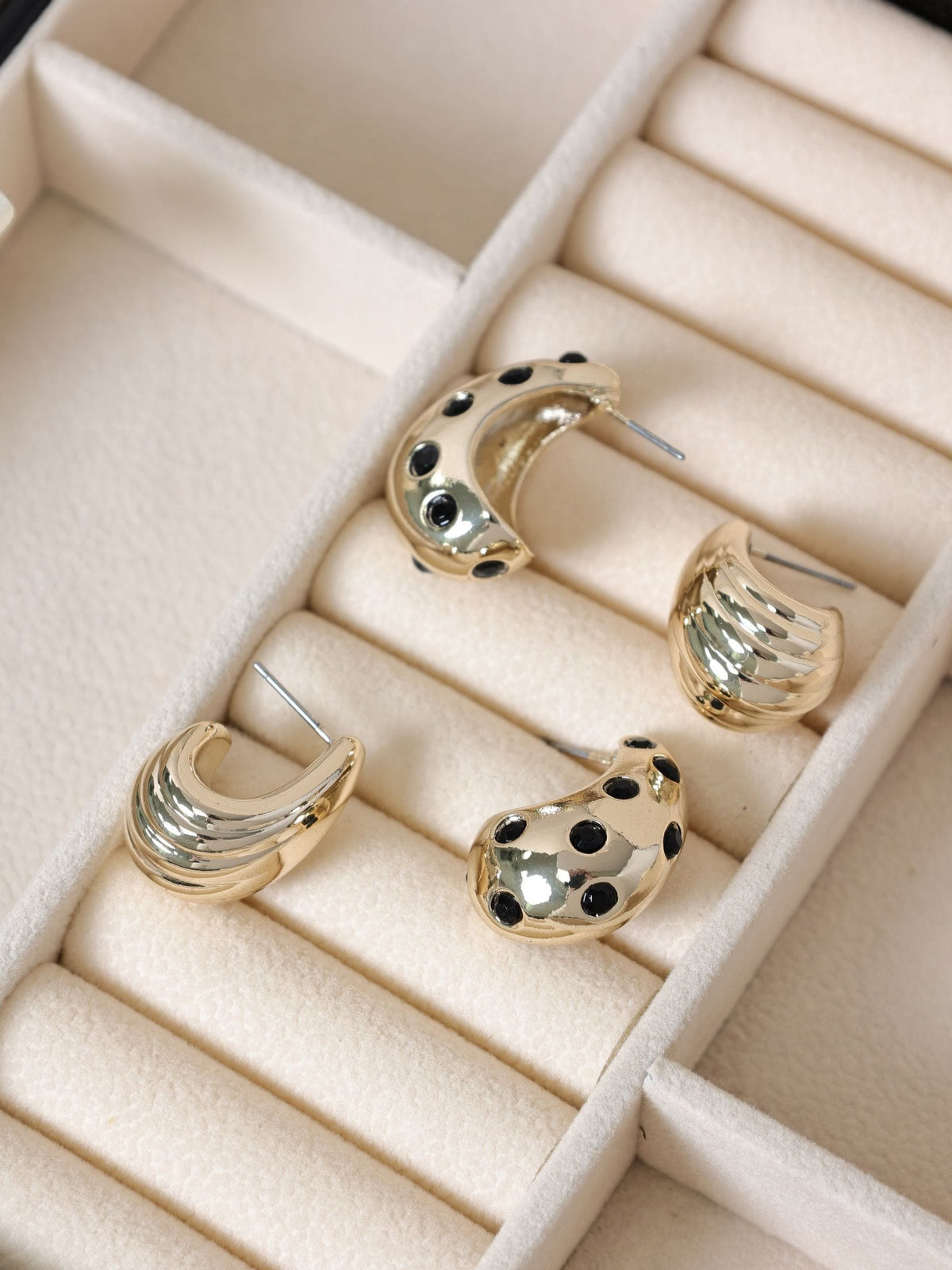 Mood Gold Tone Polished Jet Crystal Dome Earrings 2 Pack