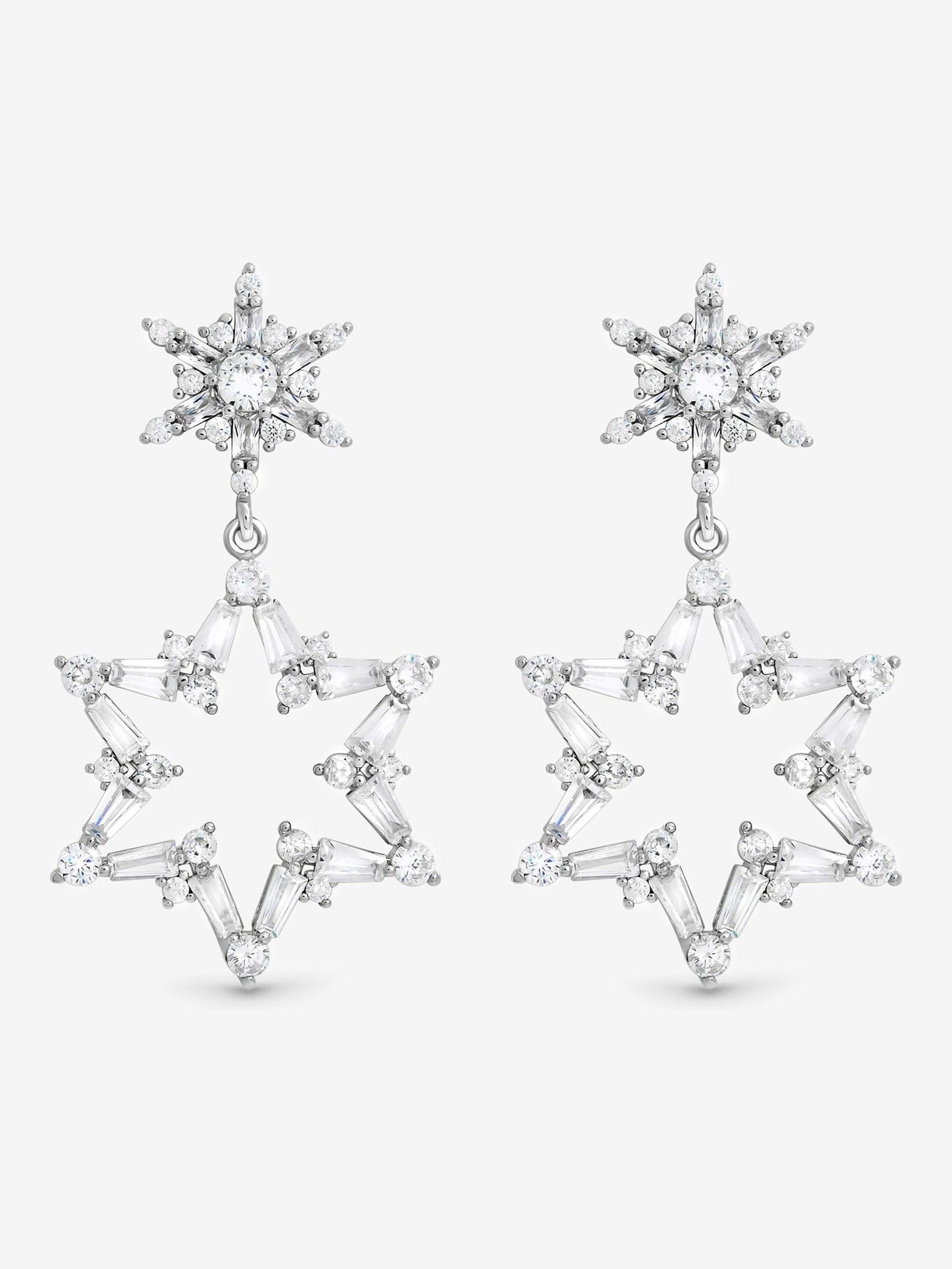 Silver Plated Crystal Star Drop Earrings with Post and Bullet Back 12mm x 12mm