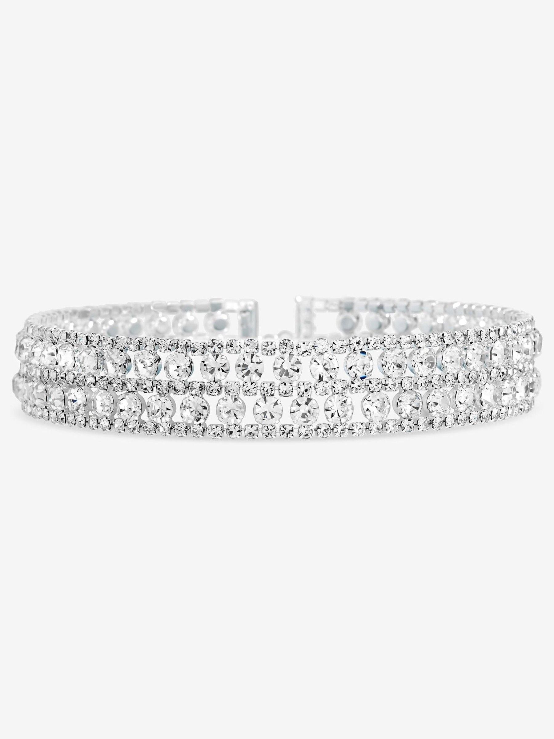 Silver Tone Crystal Mixed Stone Statement Choker Necklace with Lobster Clasp and Extender