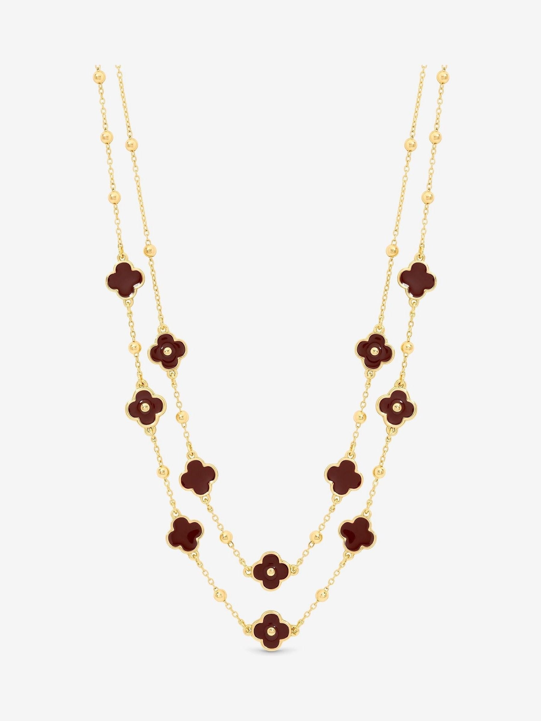 Gold Tone Polished Burgundy Clover Double Row Necklace