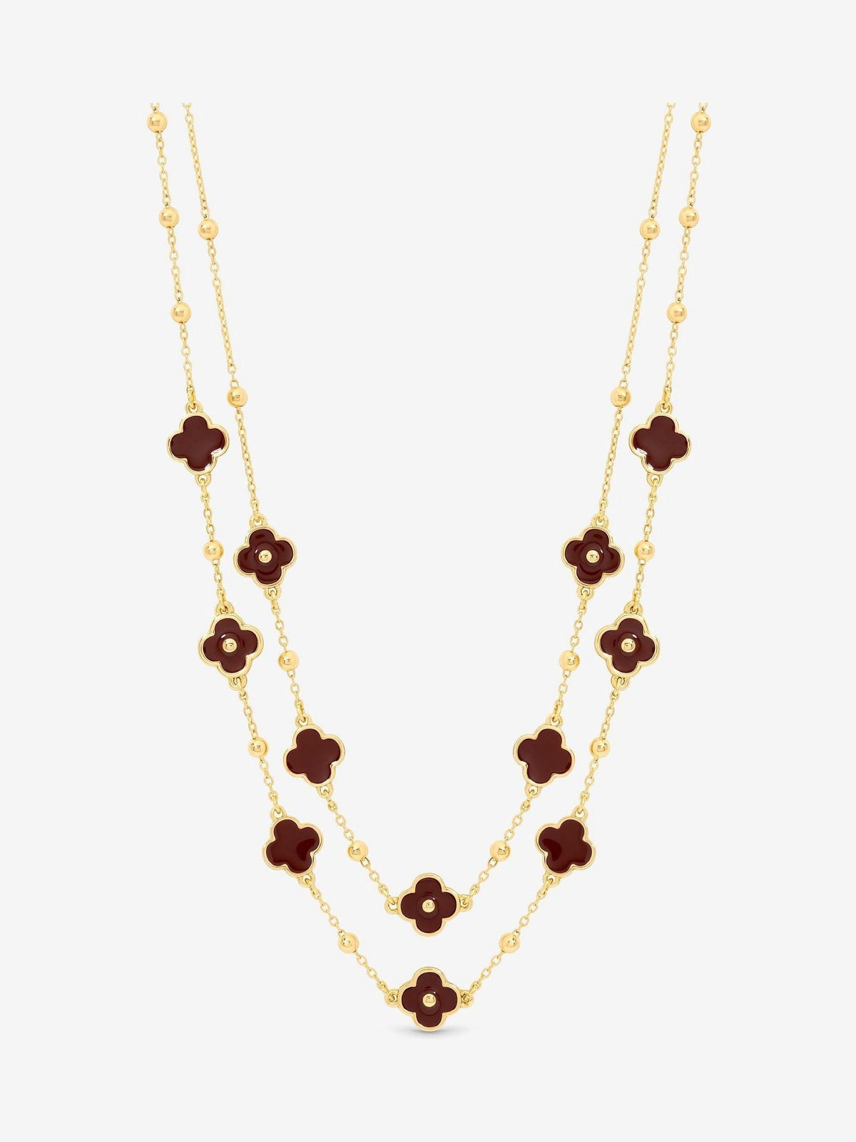 Gold Tone Polished Burgundy Clover Double Row Necklace