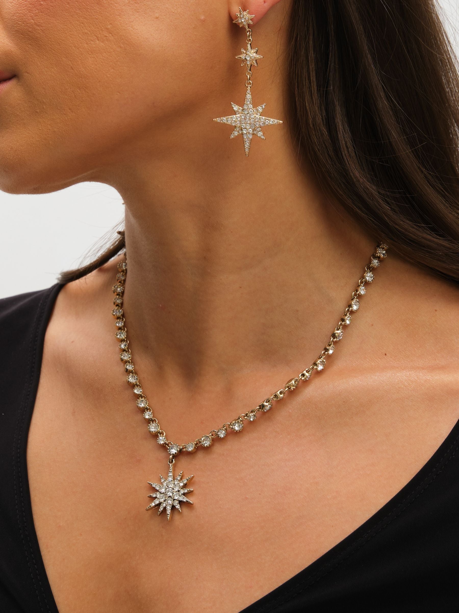Antique Gold Crystal Celestial Star Pendant Necklace