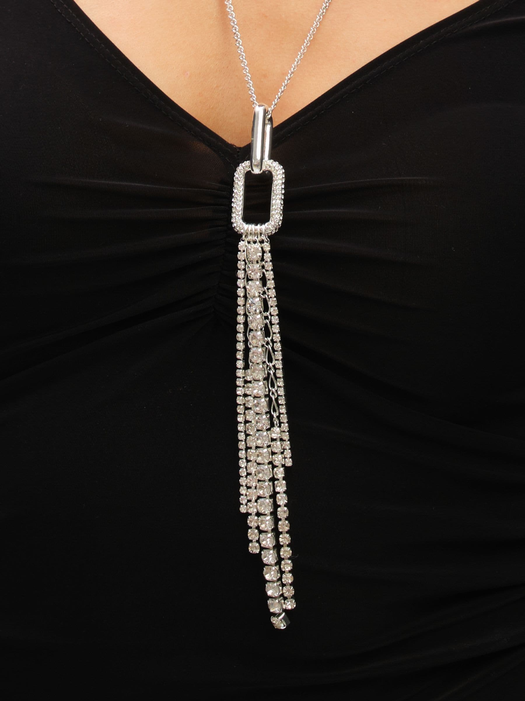 Mood Silver Tone Crystal Link Tassel Necklace