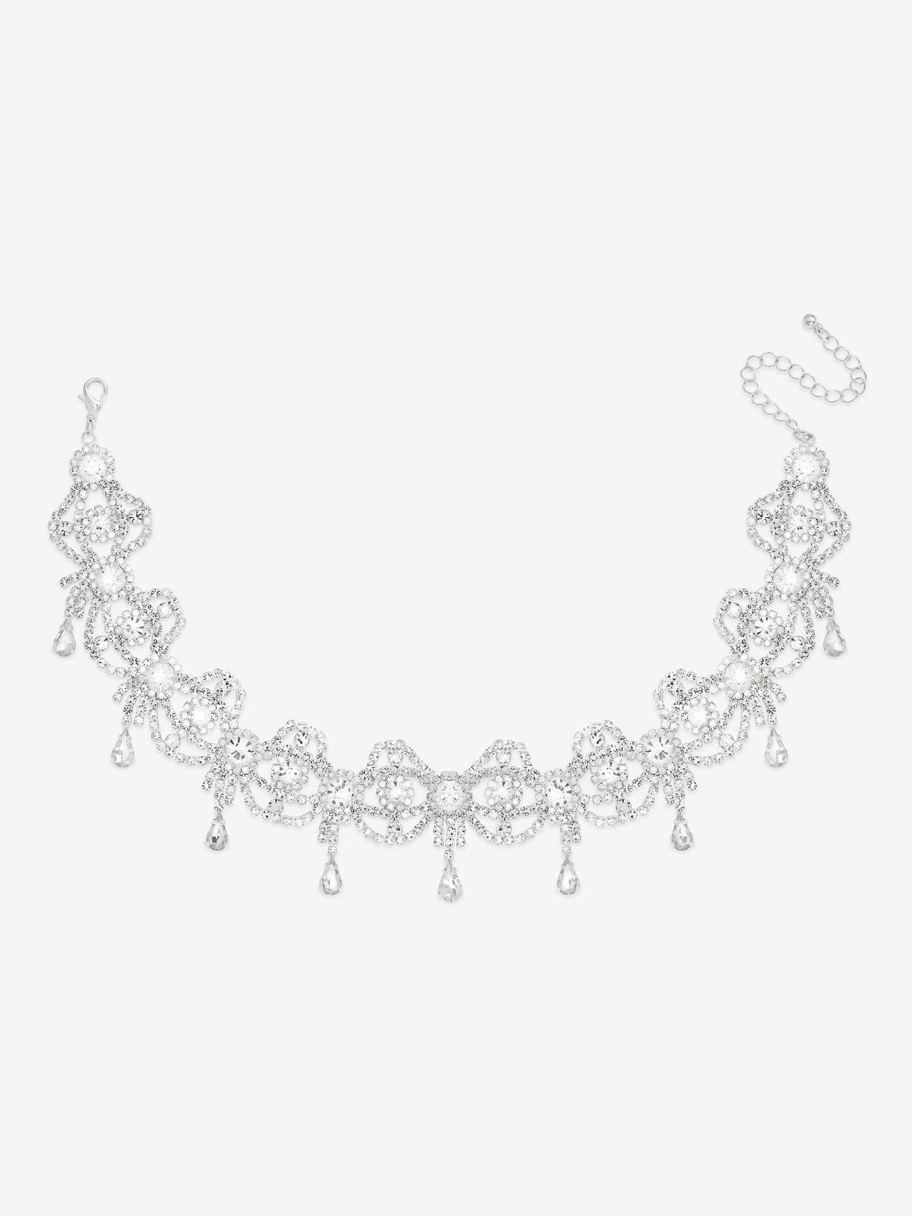 Silver Tone Crystal Bow Drop Statement Choker Necklace with Lobster Clasp, 330mm Length
