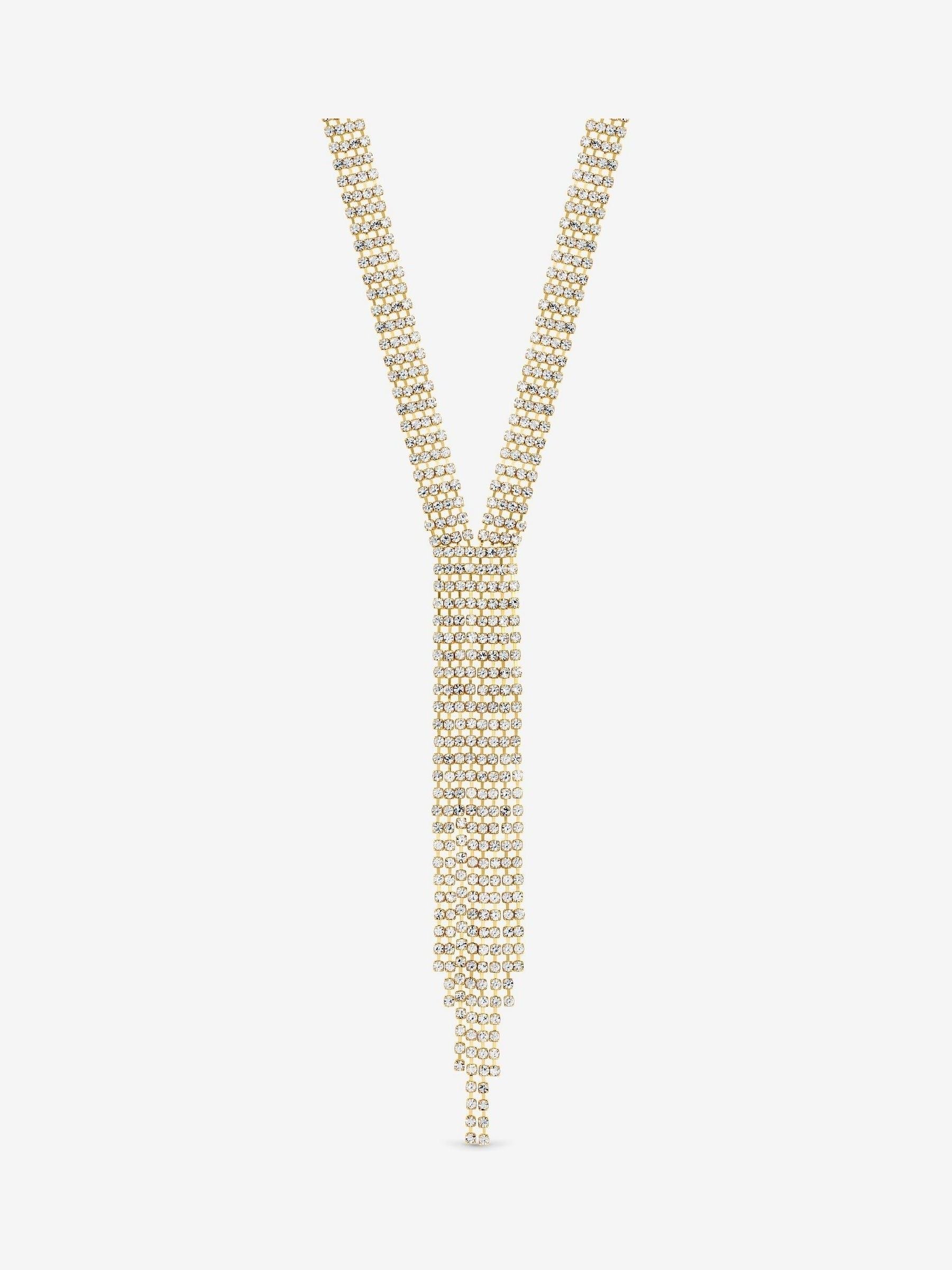 Gold Tone Crystal Multi-Row Y Statement Necklace with Lobster Clasp