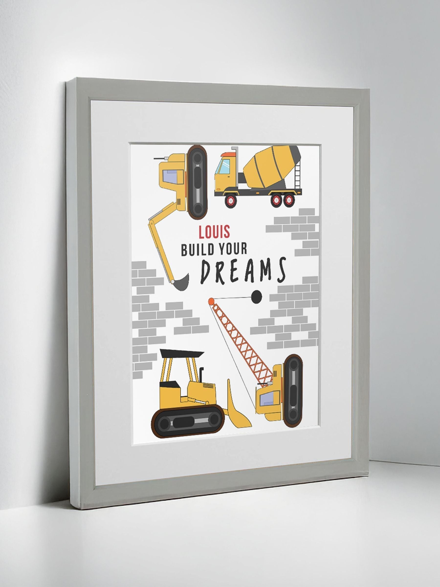 Jonnys Sister personalised construction nursery framed print 12x10 inches, imported from the UK