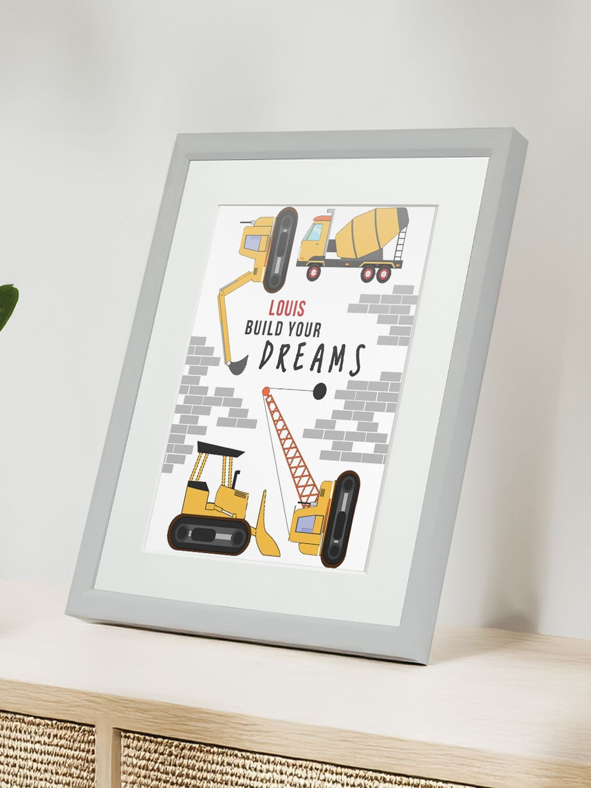 Jonnys Sister personalised construction nursery framed print 12x10 inches, imported from the UK