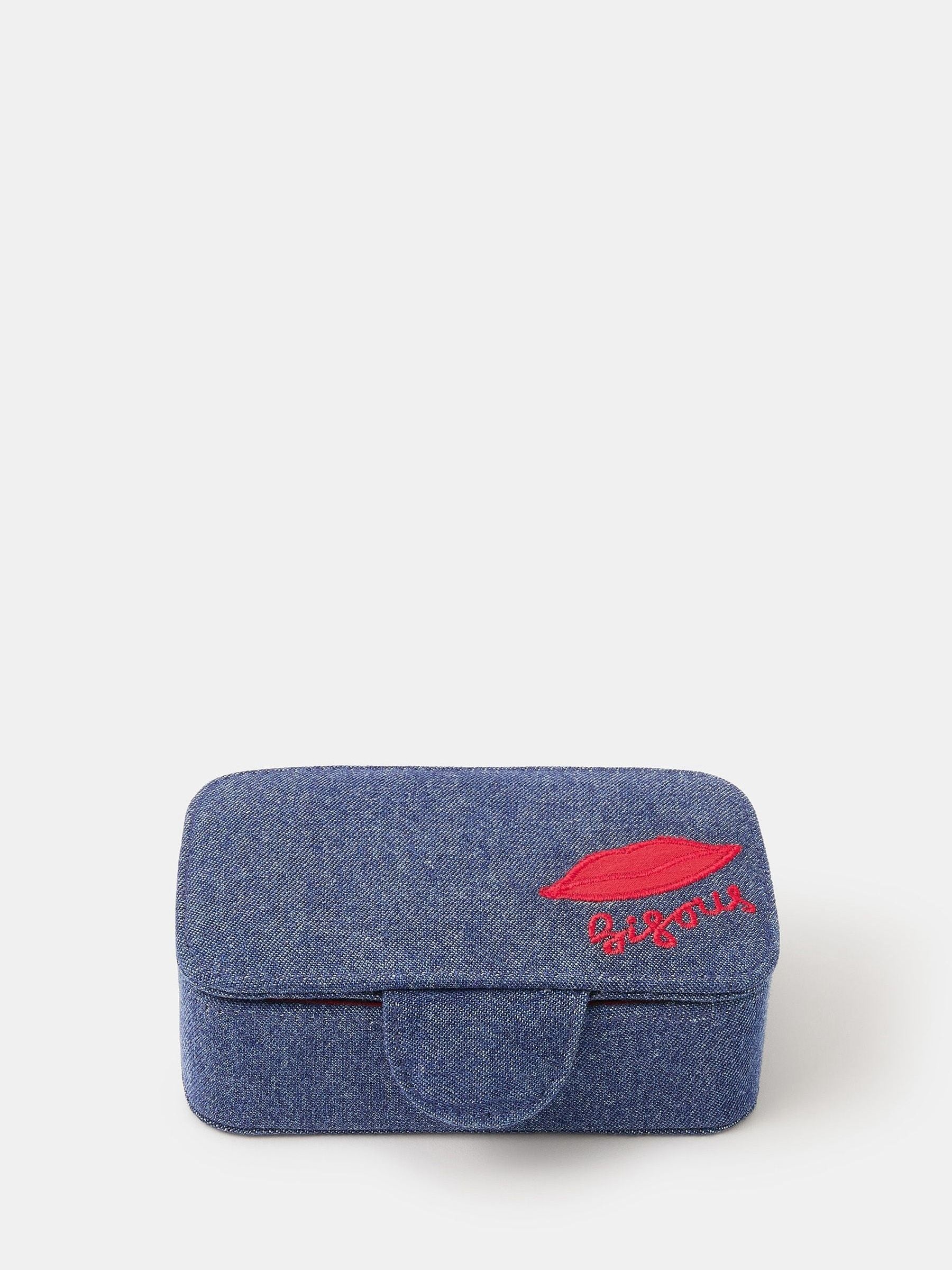Small Denim Jewellery Box with Embroidered Lid and Magnetic Closure