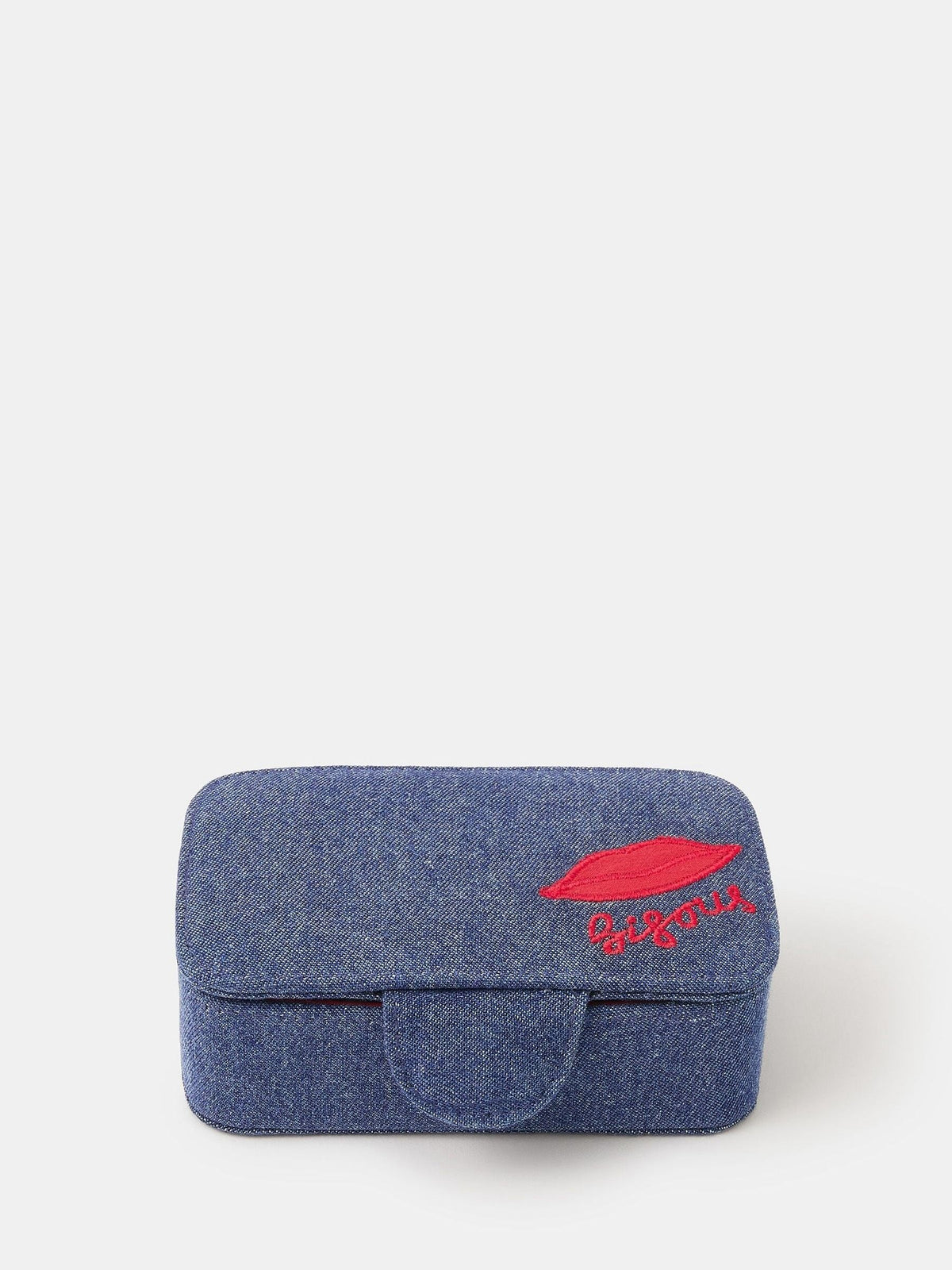 Small Denim Jewellery Box with Embroidered Lid and Magnetic Closure