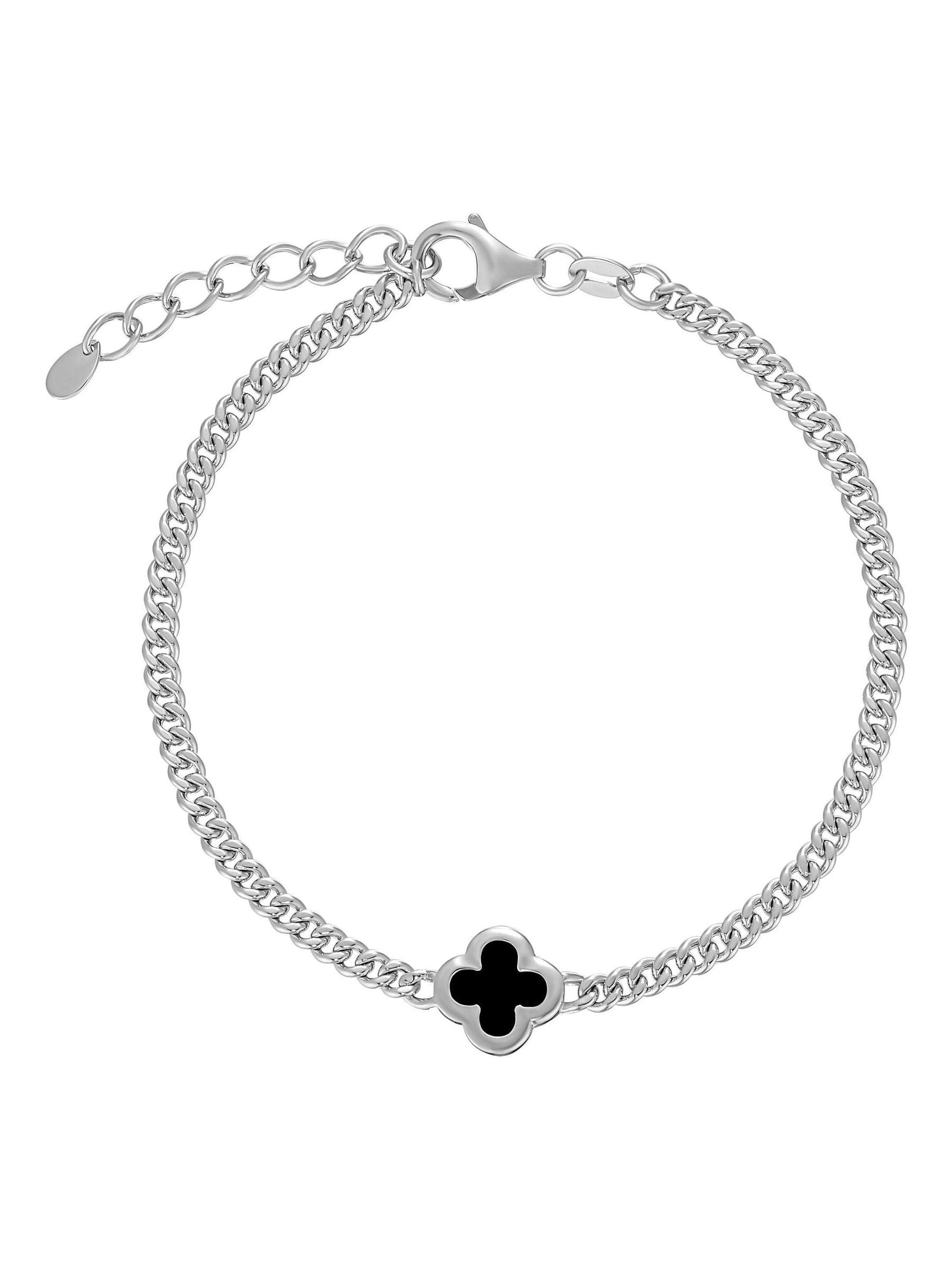 Beaverbrooks Sterling Silver Plated Onyx Mens Clover Bracelet