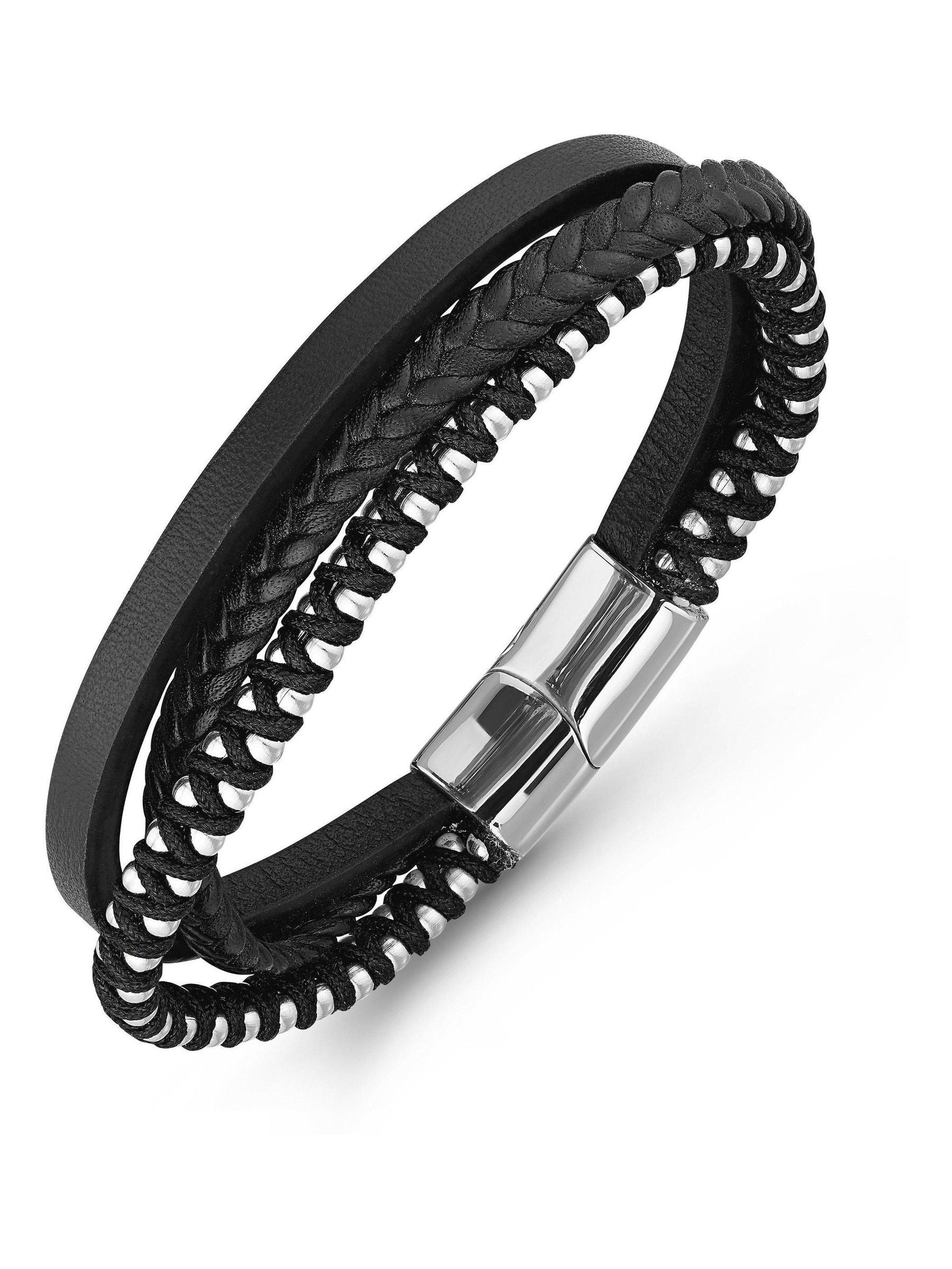 Beaverbrooks black stainless steel and leather men's bracelet 20cm - British product