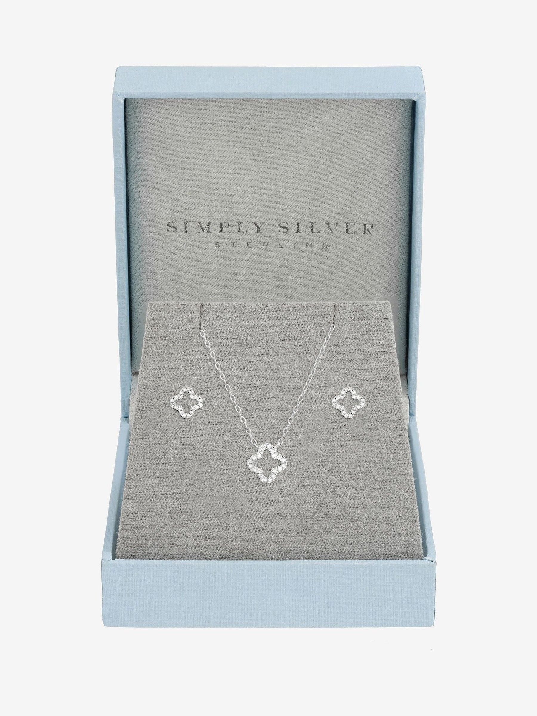 Sterling Silver 925 Cubic Zirconia Pave Open Clover Pendant and Earrings Set in Gift Box