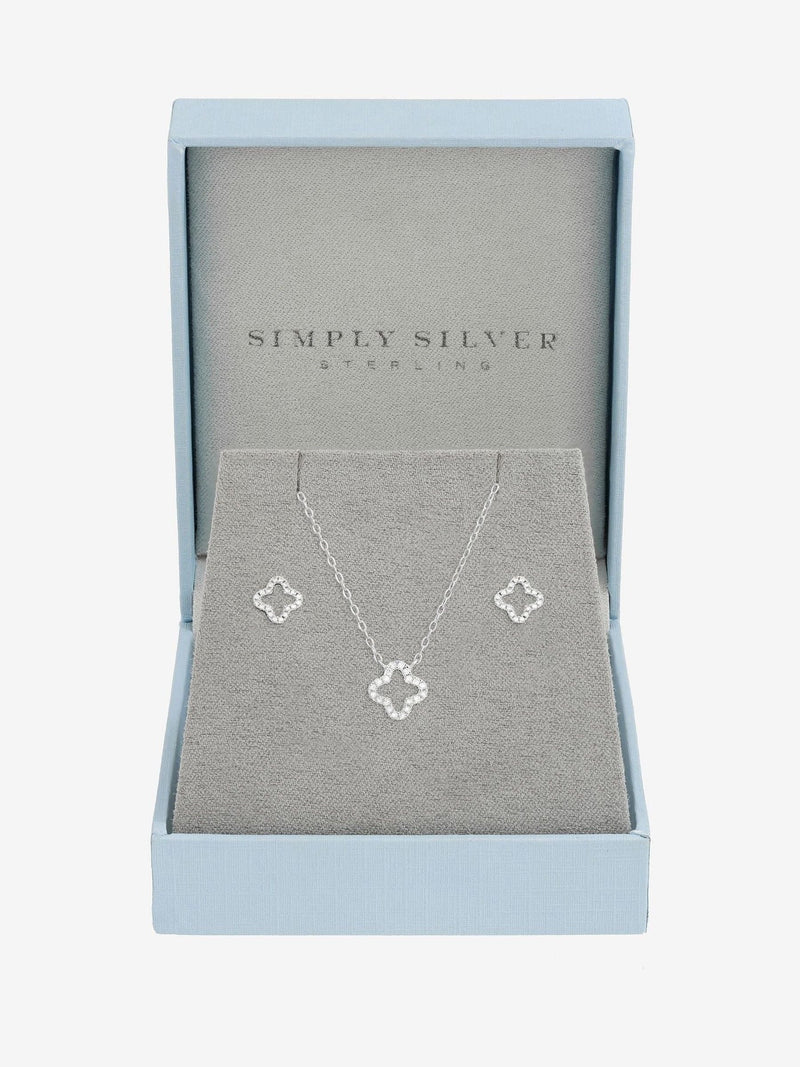 Sterling Silver 925 Cubic Zirconia Pave Open Clover Pendant and Earrings Set in Gift Box