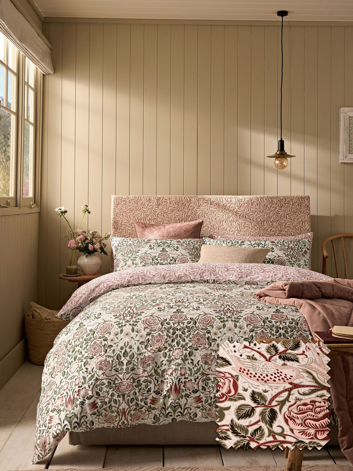 William Morris At Home Green Rose duvet cover and pillowcase set (British brand)