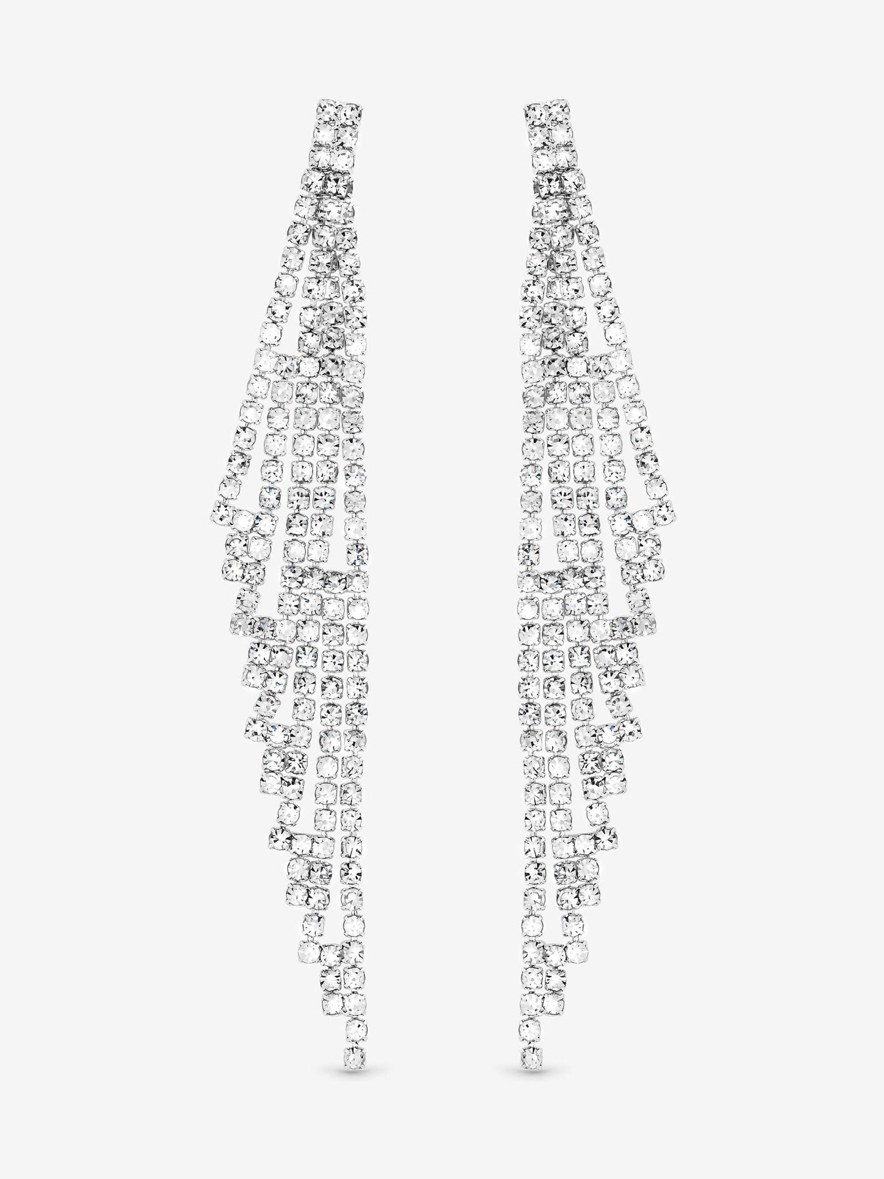 Silver Plated Crystal Statement Drop Earrings with Post and Bullet Back, 90mm Length