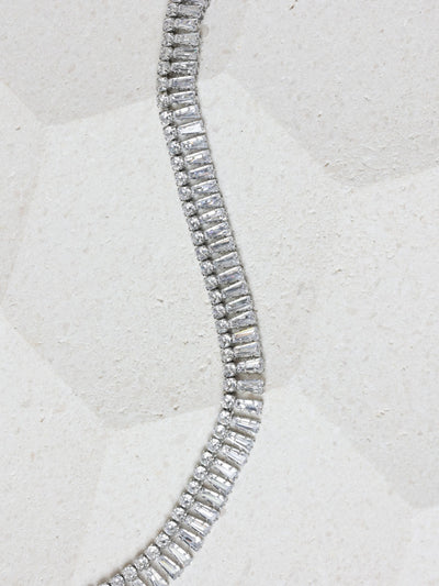 Crystal and Rhodium Plated Double Row Baguette Necklace, 16 Inch Chain